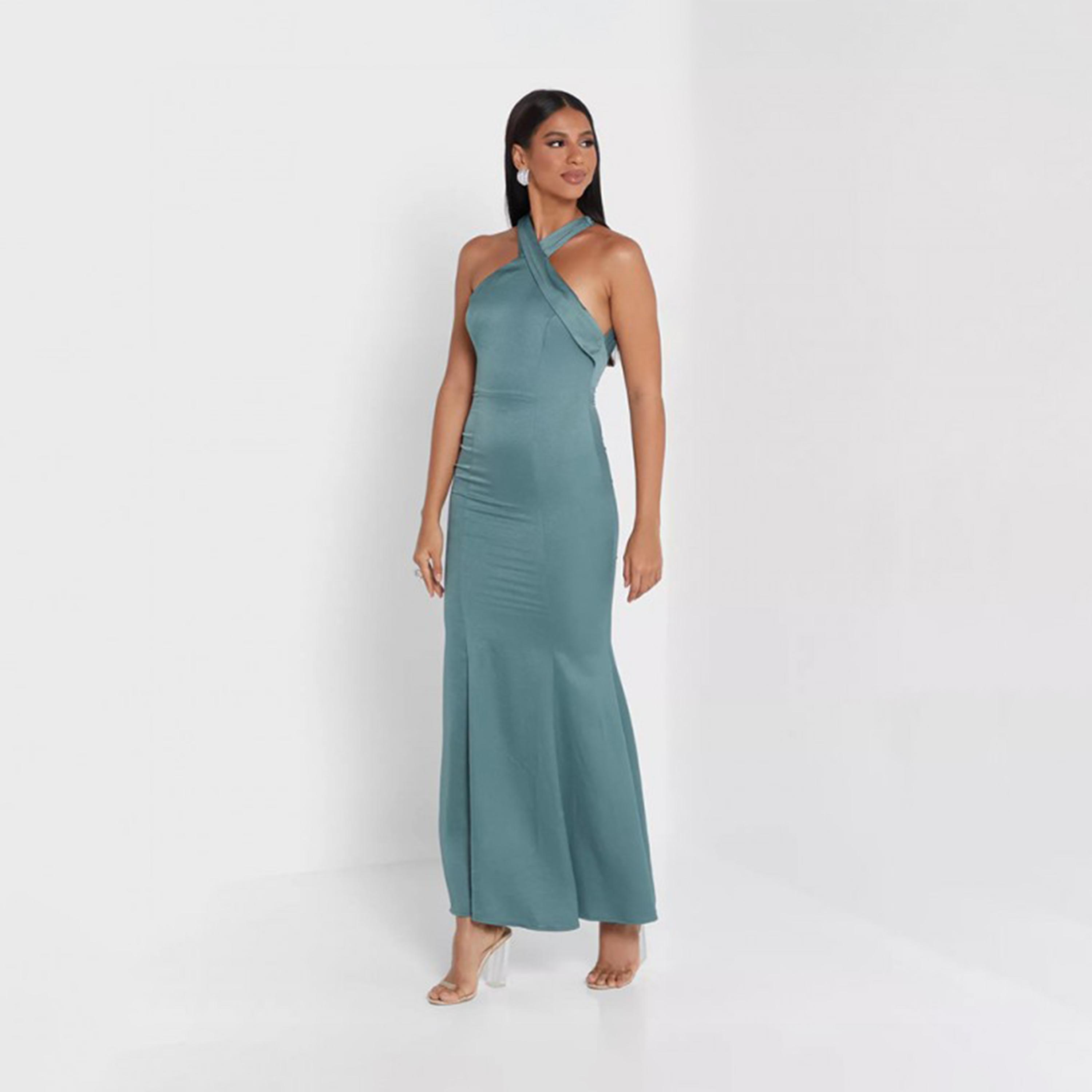 فستان ماكسي بطيات ورقبة ھالتر من ليتل ميستريس ساتان-women-clothing-dresses-image-1