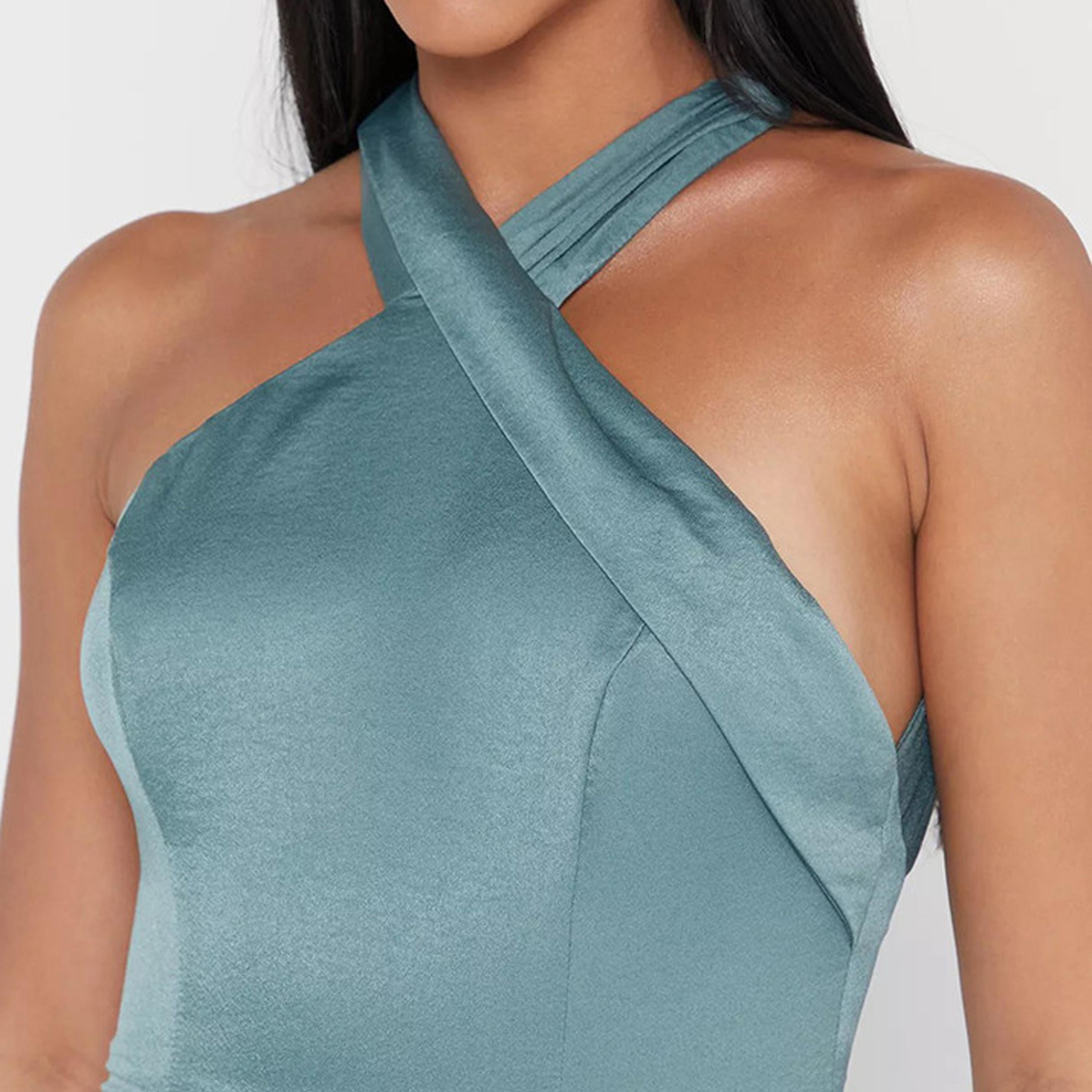 فستان ماكسي بطيات ورقبة ھالتر من ليتل ميستريس ساتان-women-clothing-dresses-image-2
