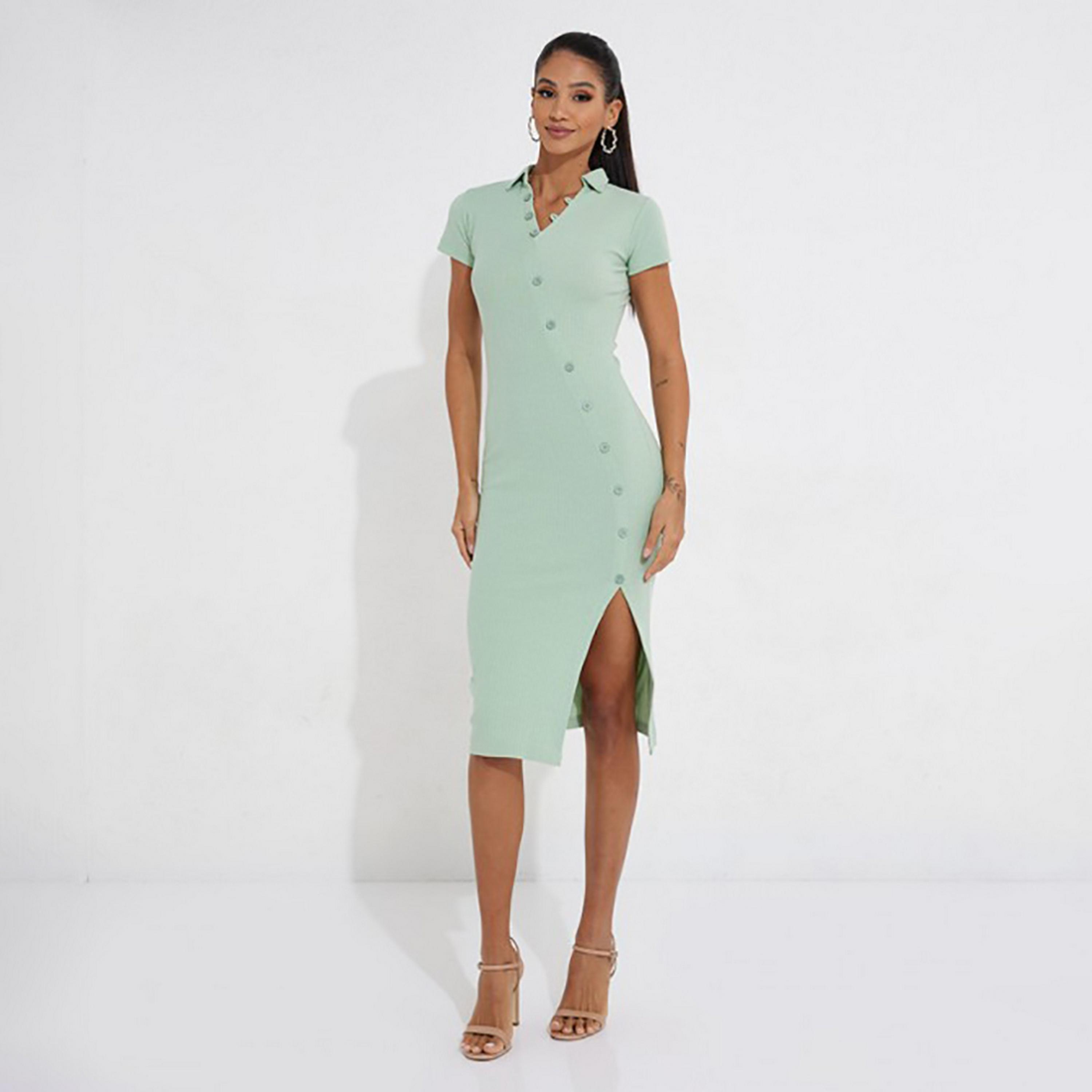 Little Mistress Green Plain Jhonny Collar T-Shirt Knee Length Women's Dress-women-clothing-dresses-image-1
