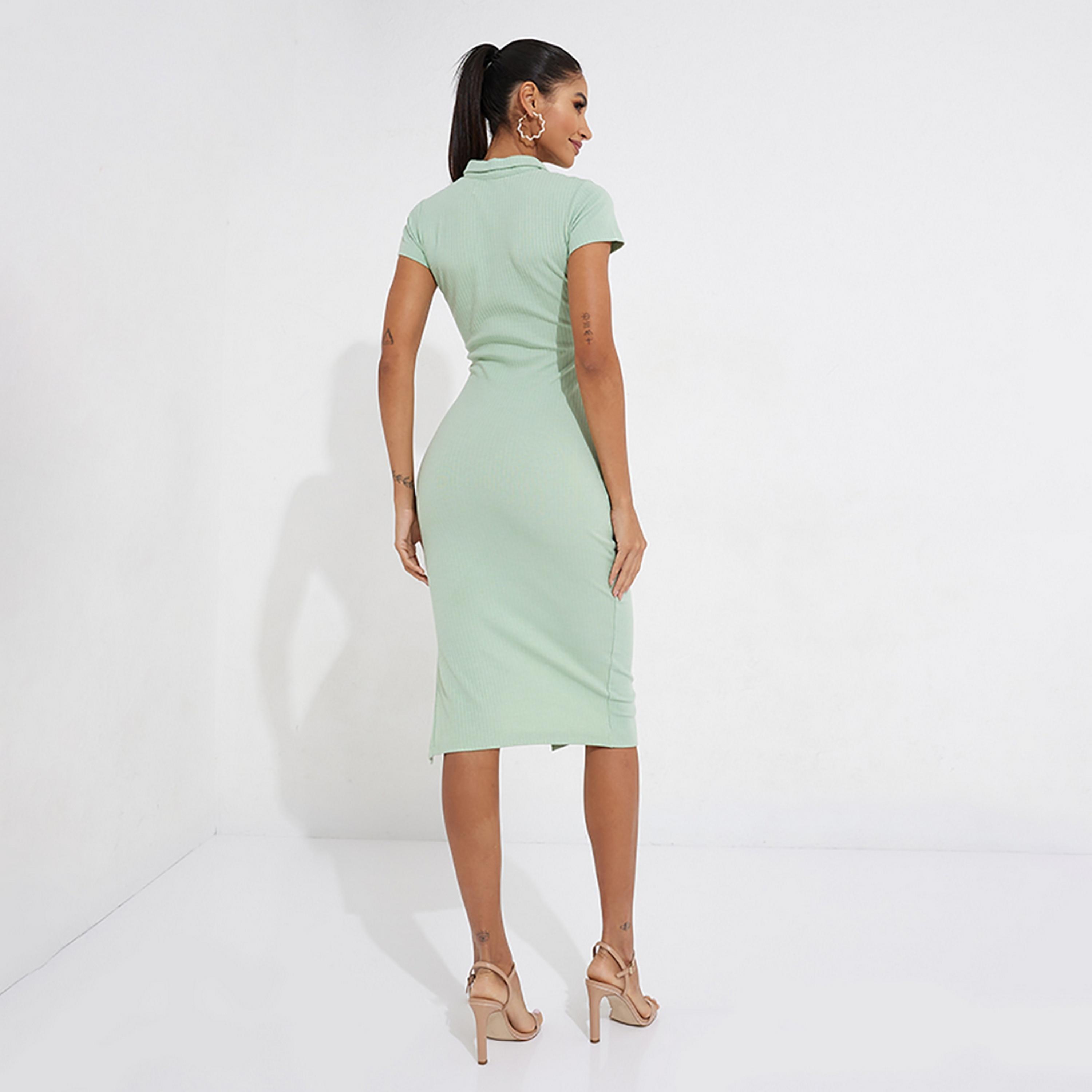 Little Mistress Green Plain Jhonny Collar T-Shirt Knee Length Women's Dress-women-clothing-dresses-image-4