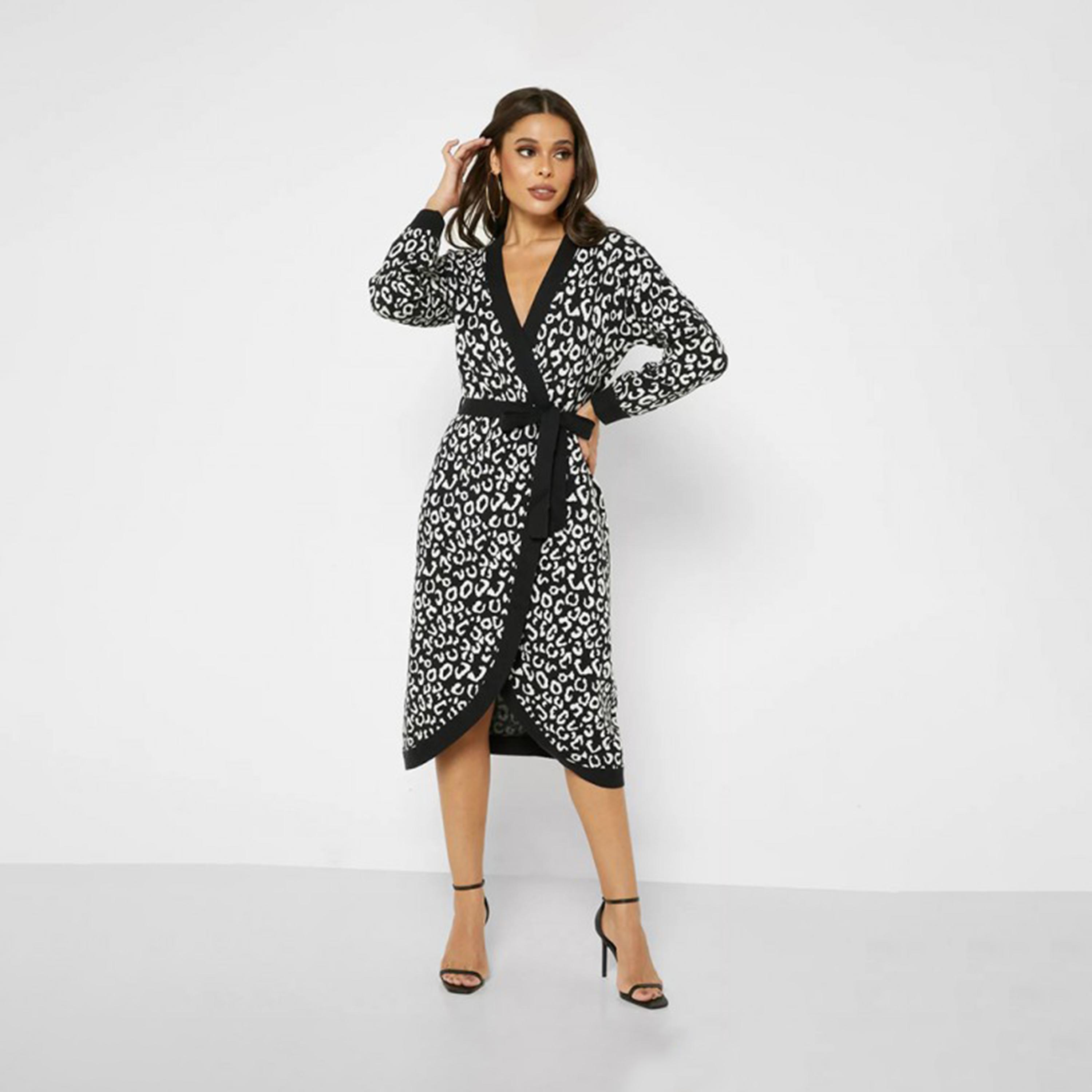 فستان ميدي ملفوف بطبعات حيوانات بلون اسود من ليتل ميسترس -women-clothing-dresses-image-1