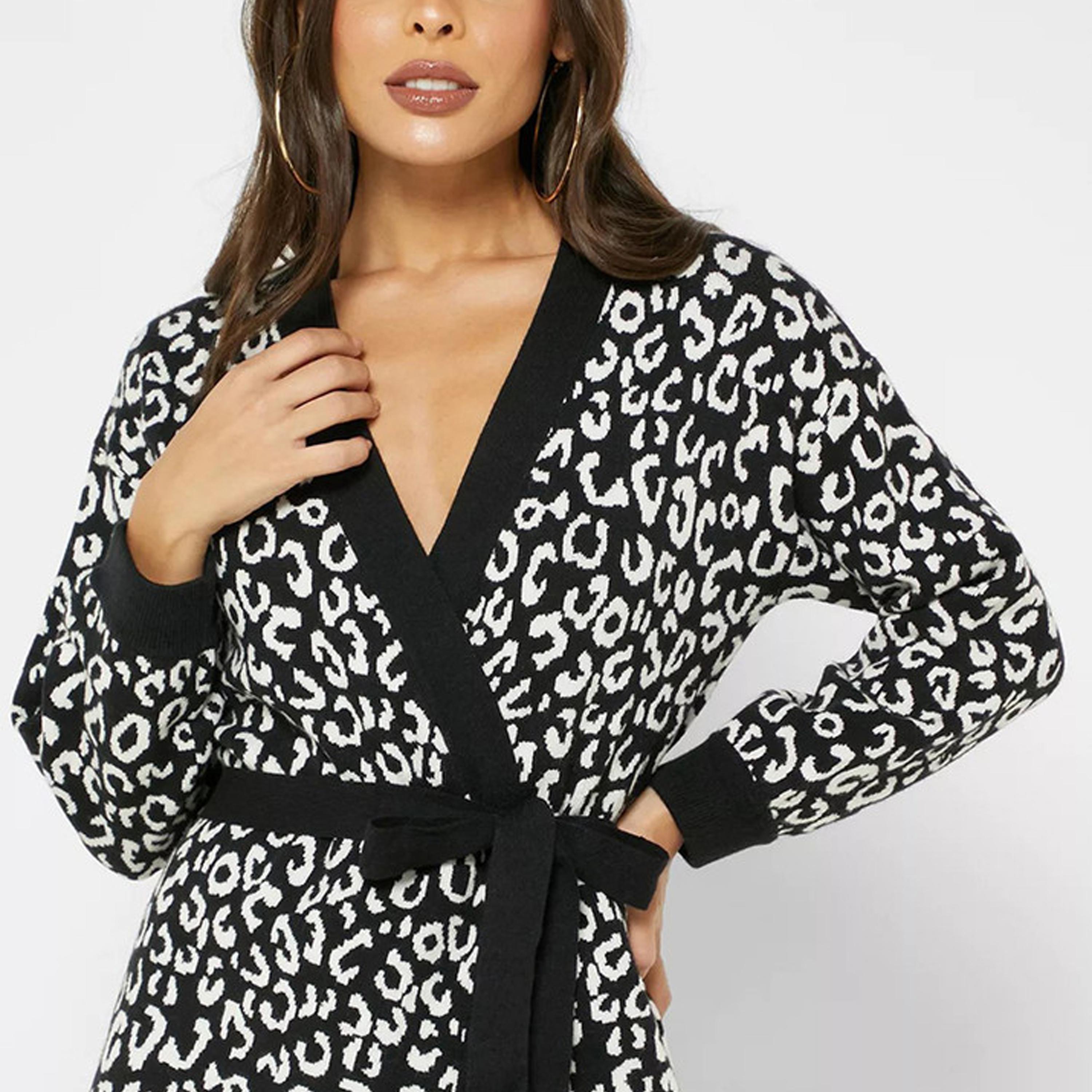 فستان ميدي ملفوف بطبعات حيوانات بلون اسود من ليتل ميسترس -women-clothing-dresses-image-2