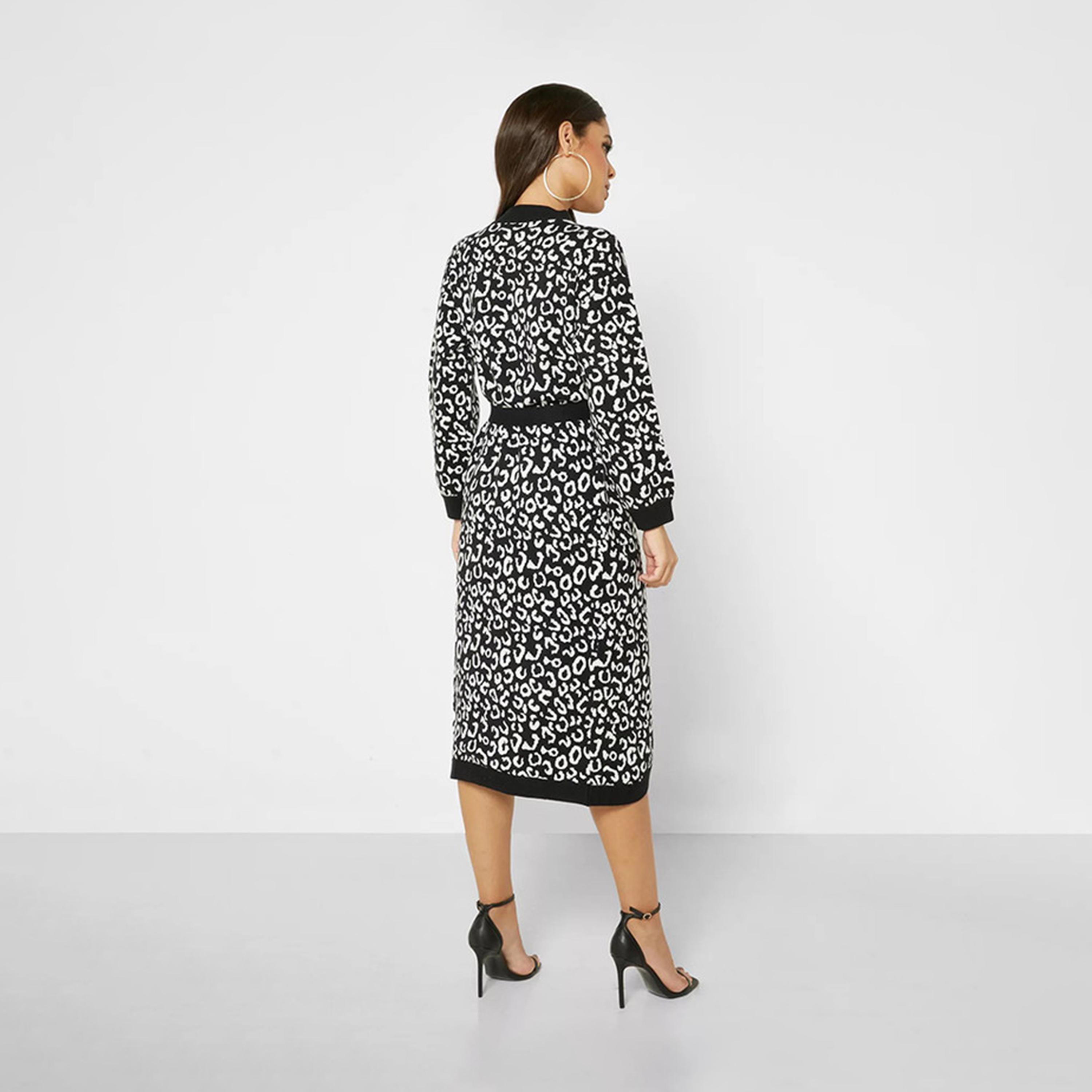 فستان ميدي ملفوف بطبعات حيوانات بلون اسود من ليتل ميسترس -women-clothing-dresses-image-3