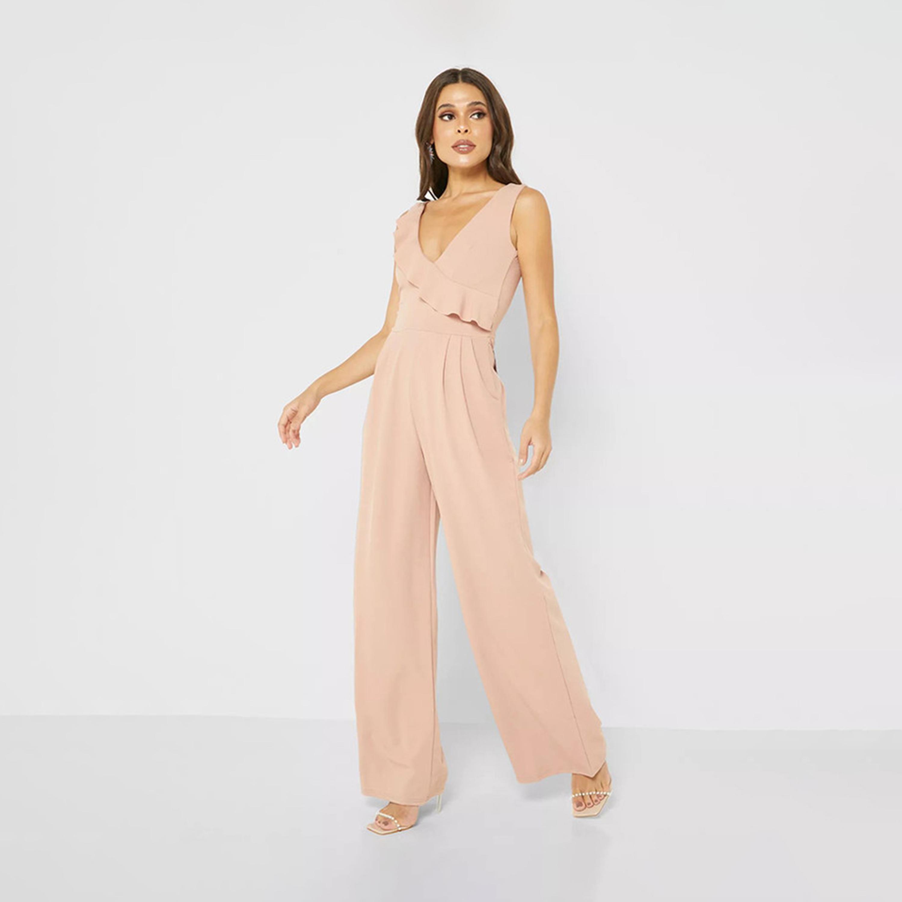 جمبسوت بياقة بلونج وأرجل واسعة من ليتل ميستريس سادة-women-clothing-jumpsuits-image-1