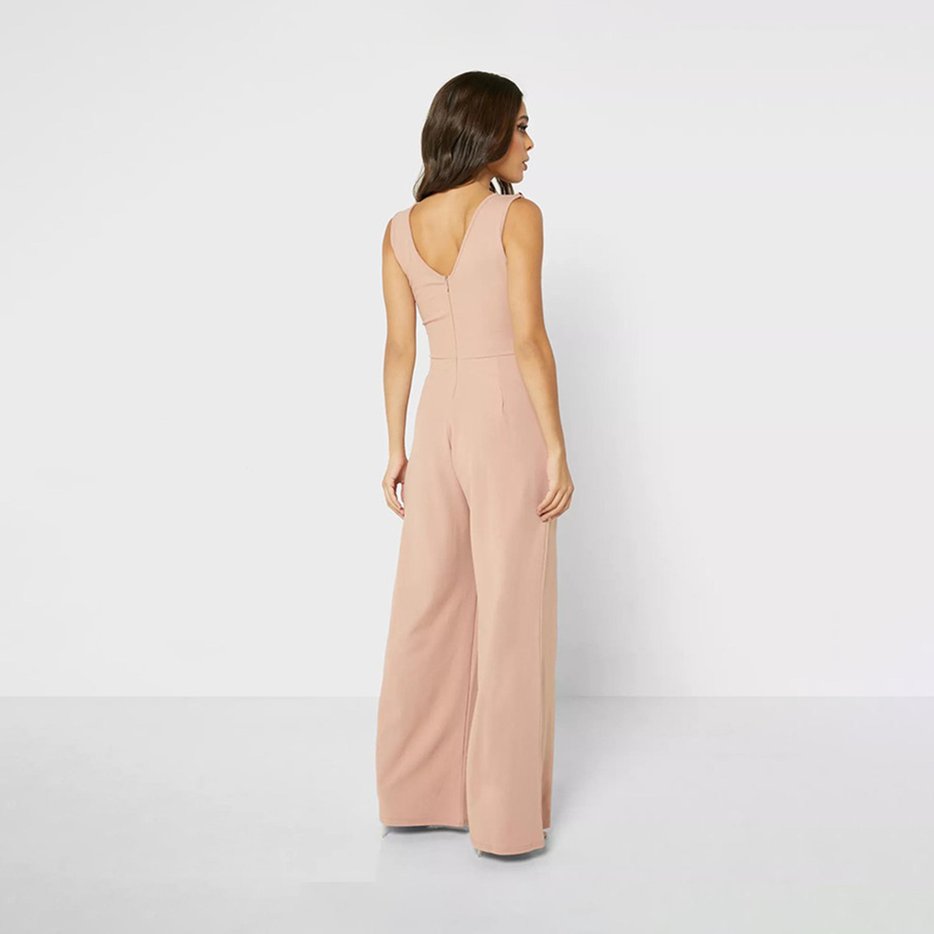 جمبسوت بياقة بلونج وأرجل واسعة من ليتل ميستريس سادة-women-clothing-jumpsuits-image-2