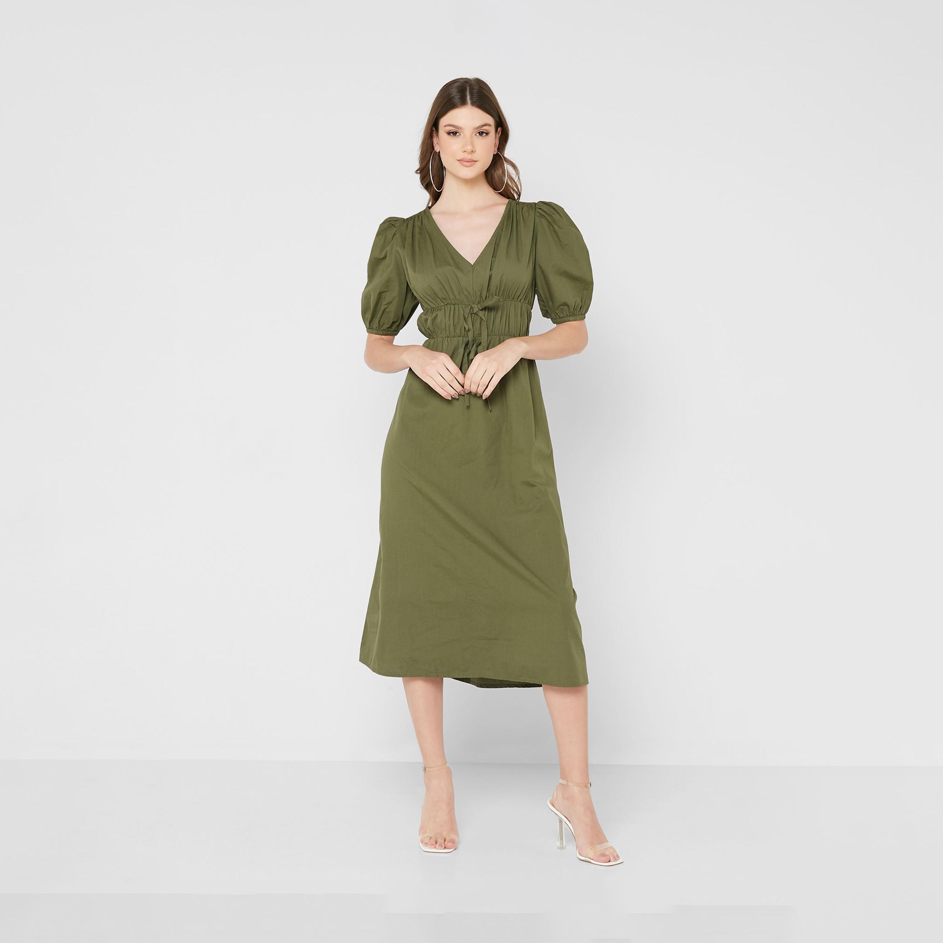 ليتل مسترس- فستان بشكل A ياقة على شكل V متوسط الطول أكمام قصيرة-women-clothing-dresses-image-1