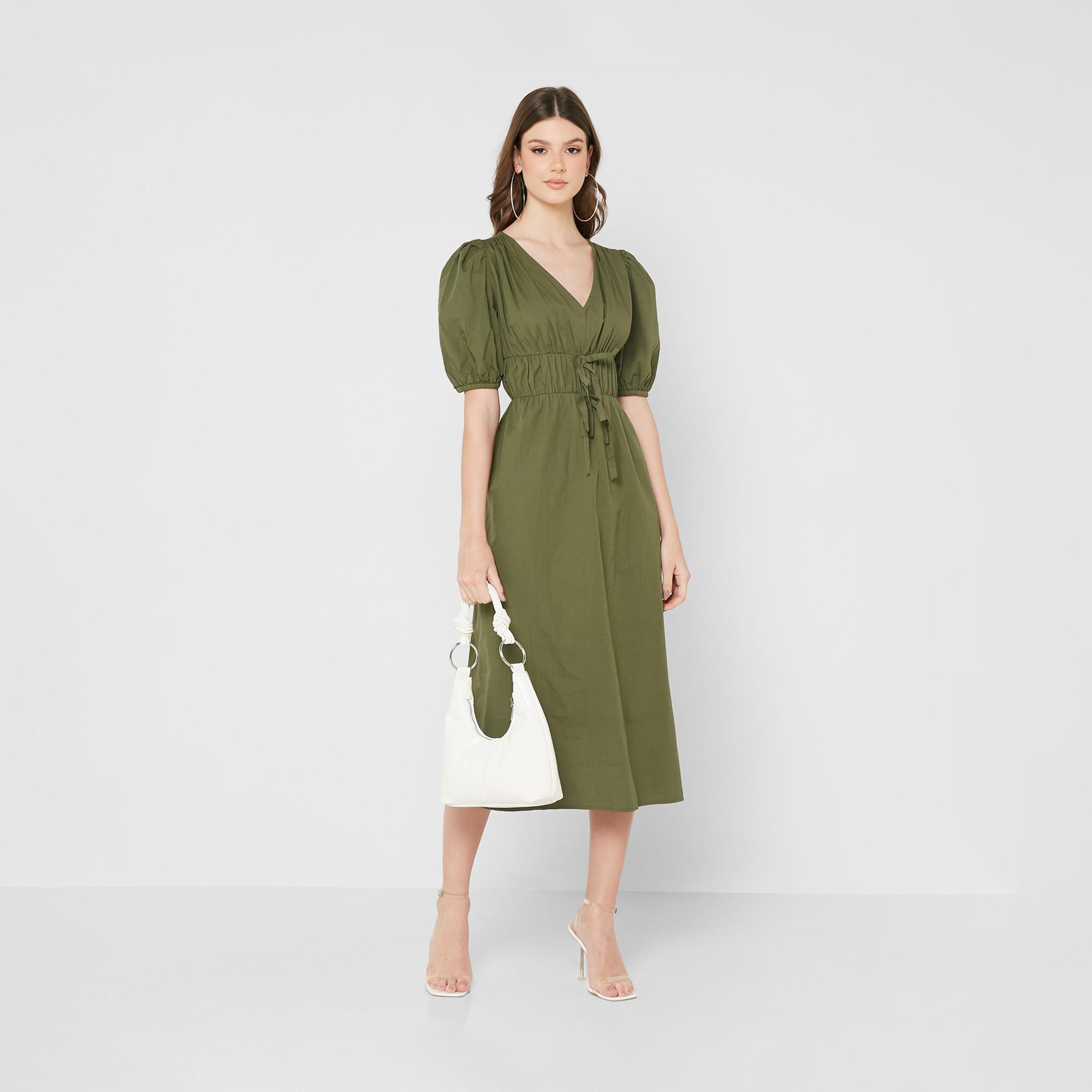 ليتل مسترس- فستان بشكل A ياقة على شكل V متوسط الطول أكمام قصيرة-women-clothing-dresses-image-2
