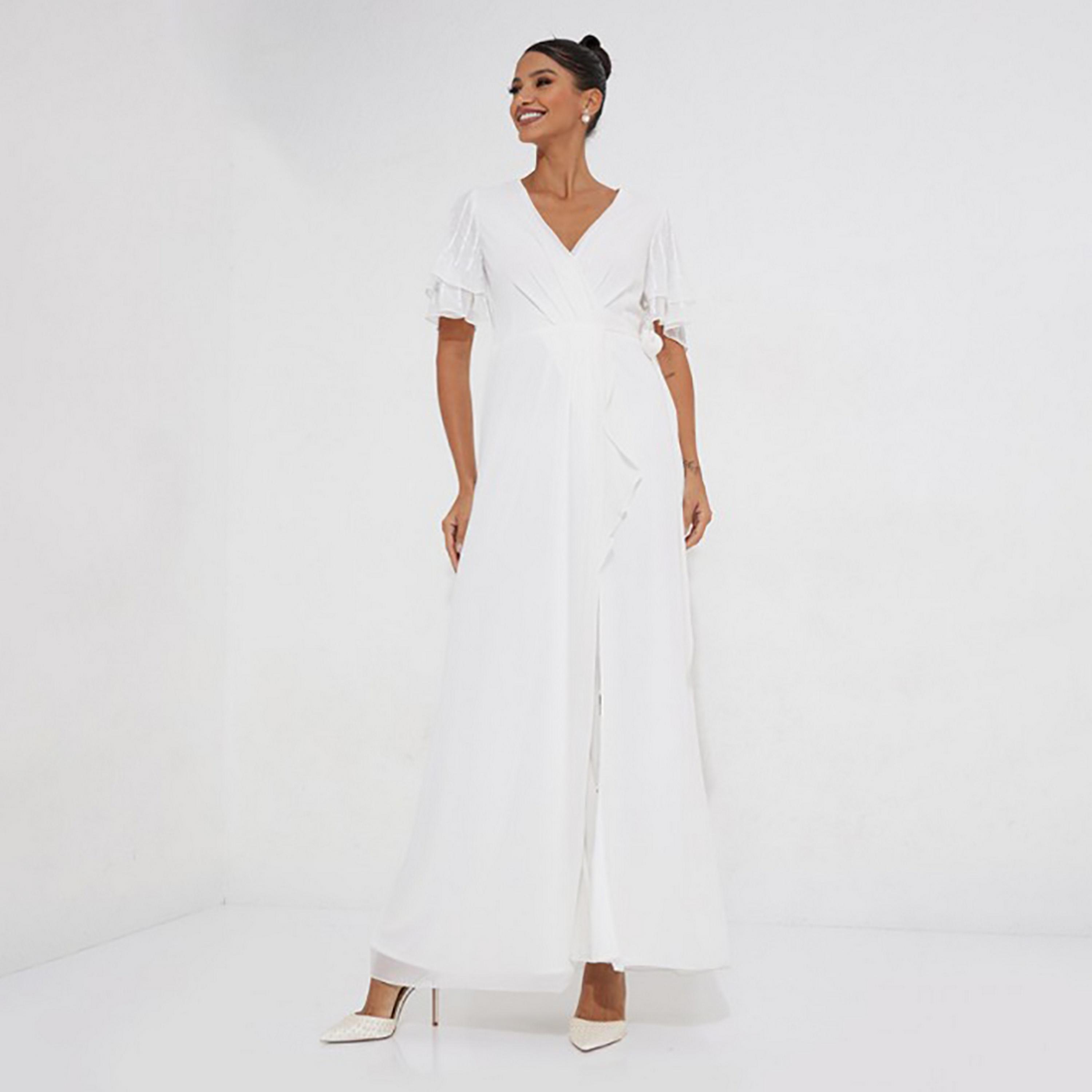 Little Mistress White Sequins Plunge Neck Flared Sleeves Bridal Maxi Women's Dress-women-clothing-dresses-image-1