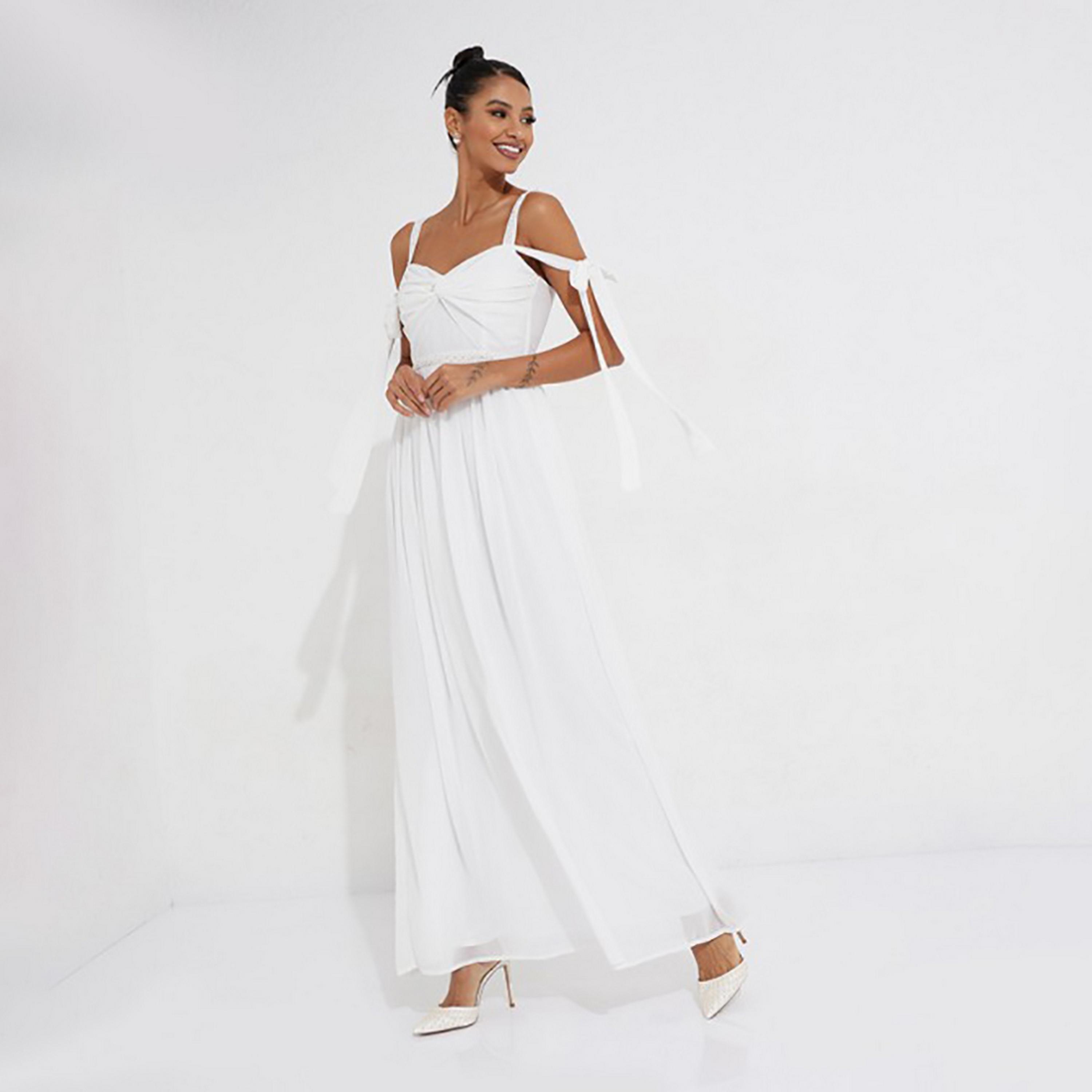 Little Mistress White Plain Shoulder Straps Evening Bridal Maxi Women's Dress-women-clothing-dresses-image-1