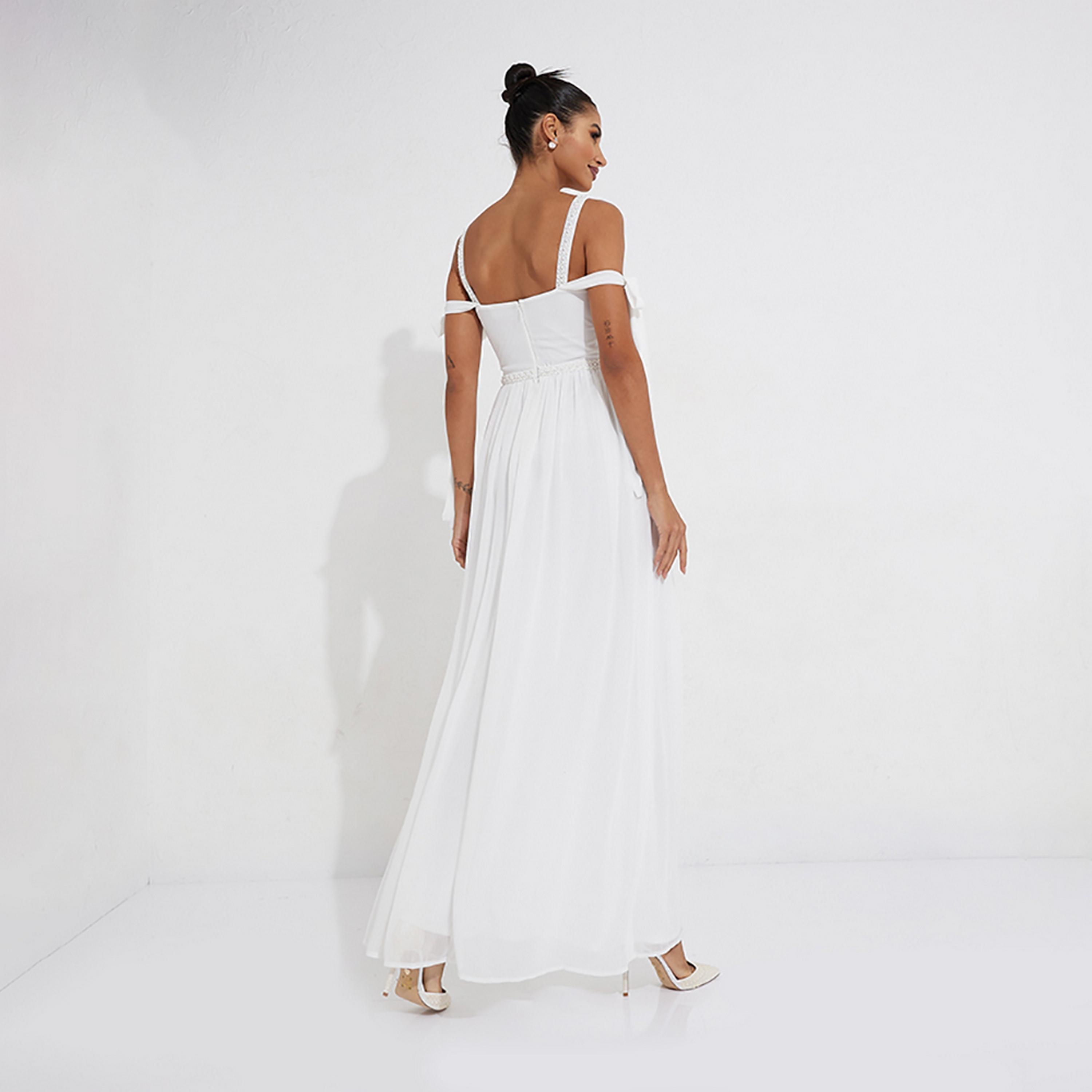 Little Mistress White Plain Shoulder Straps Evening Bridal Maxi Women's Dress-women-clothing-dresses-image-2