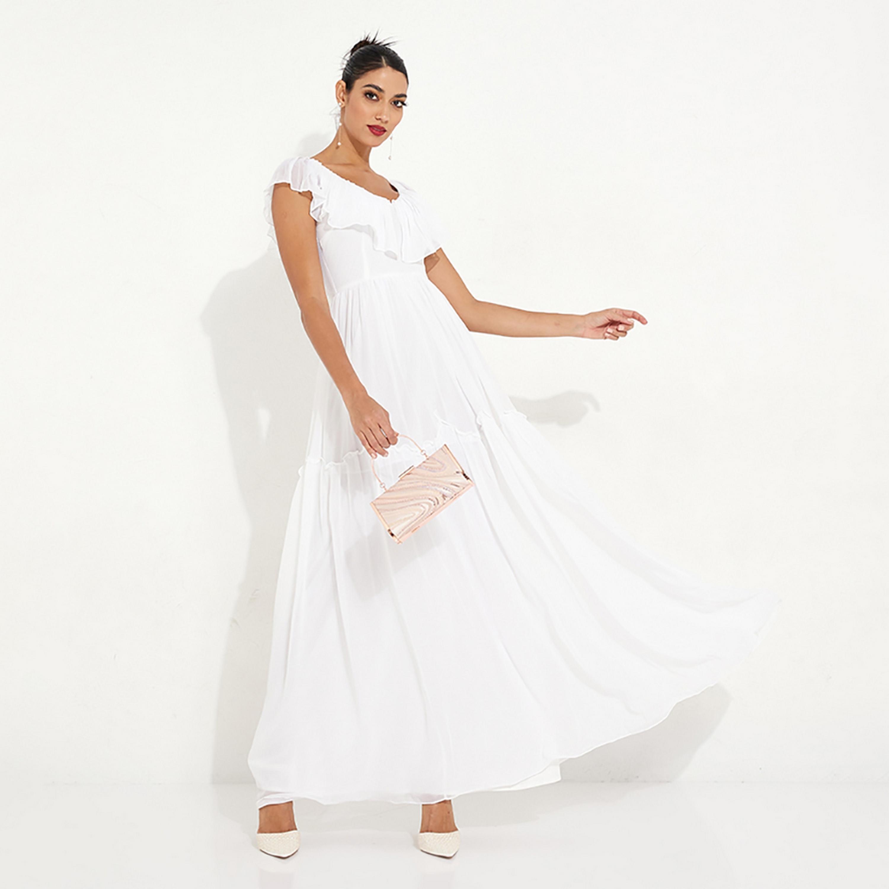Little Mistress White Plain Ruffled Neck Bridal Maxi Women's Dress-women-clothing-dresses-image-1