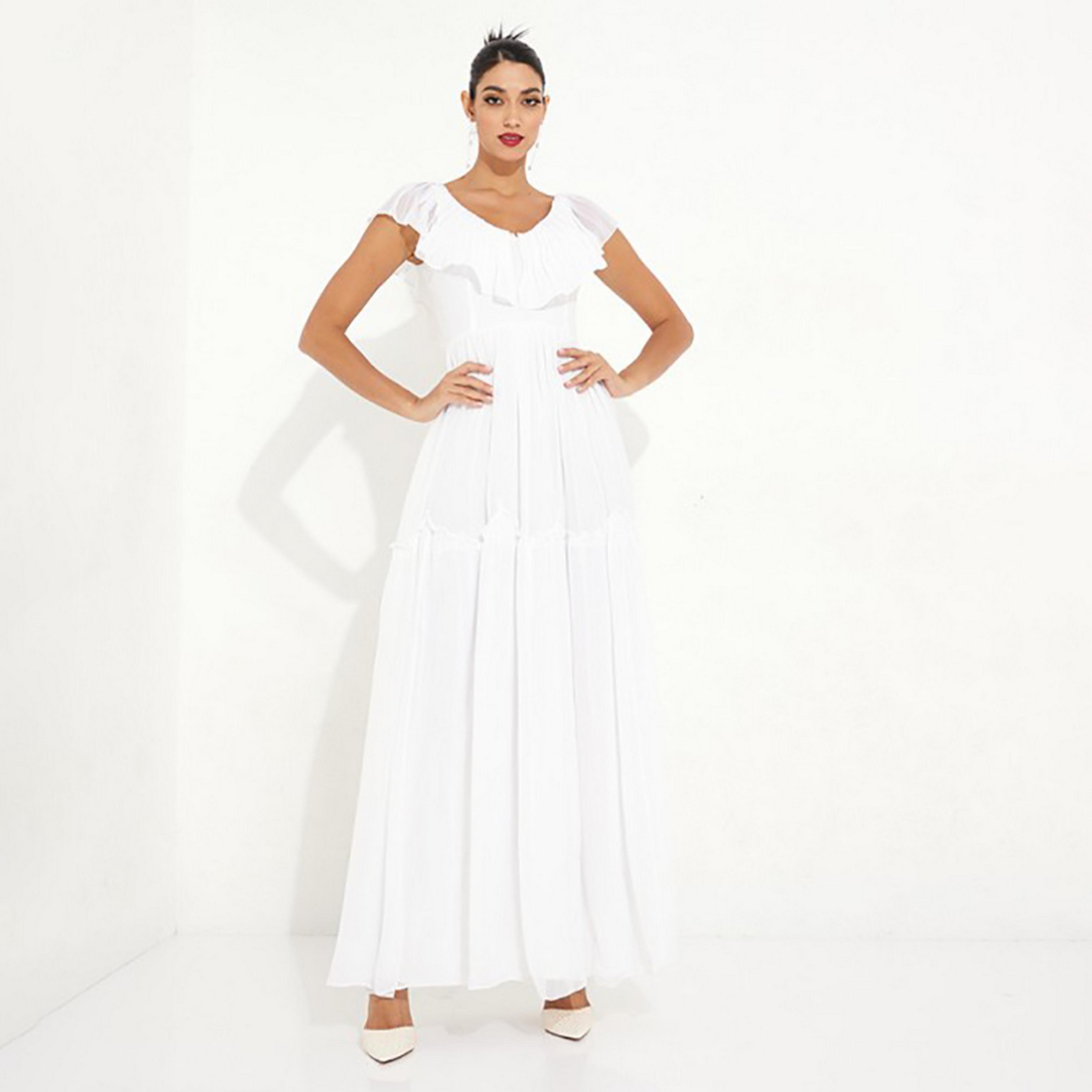 Little Mistress White Plain Ruffled Neck Bridal Maxi Women's Dress-women-clothing-dresses-image-3