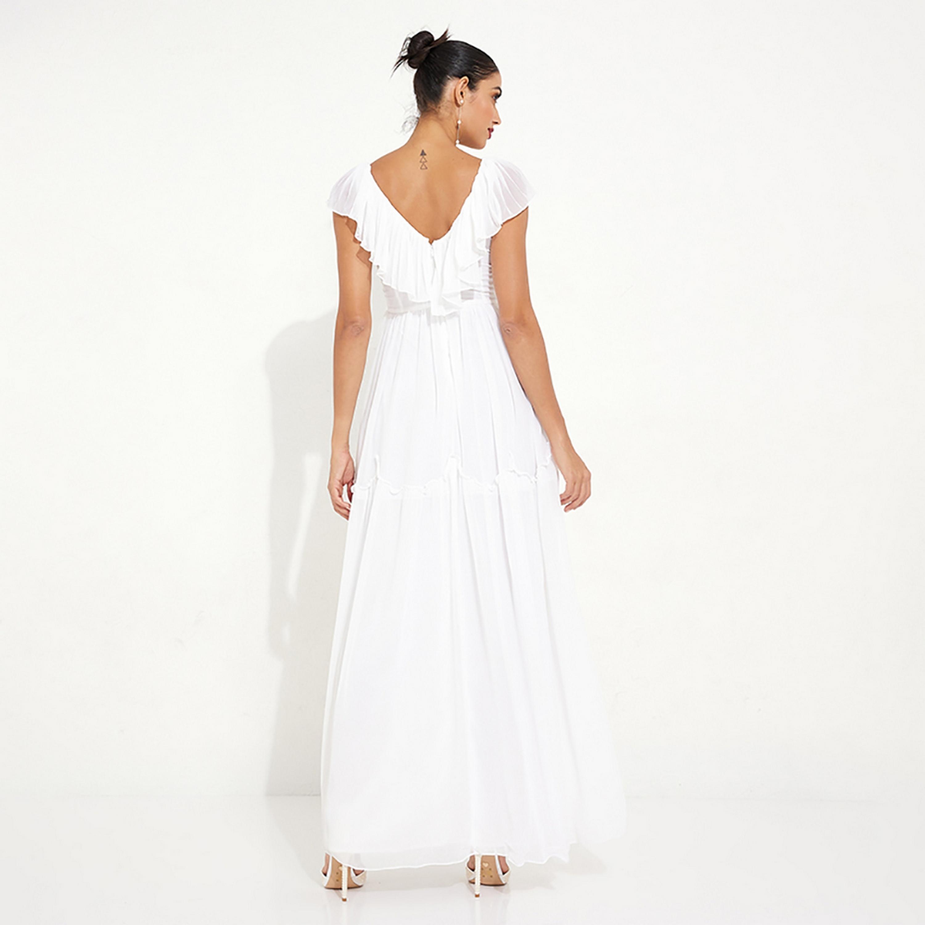 Little Mistress White Plain Ruffled Neck Bridal Maxi Women's Dress-women-clothing-dresses-image-4