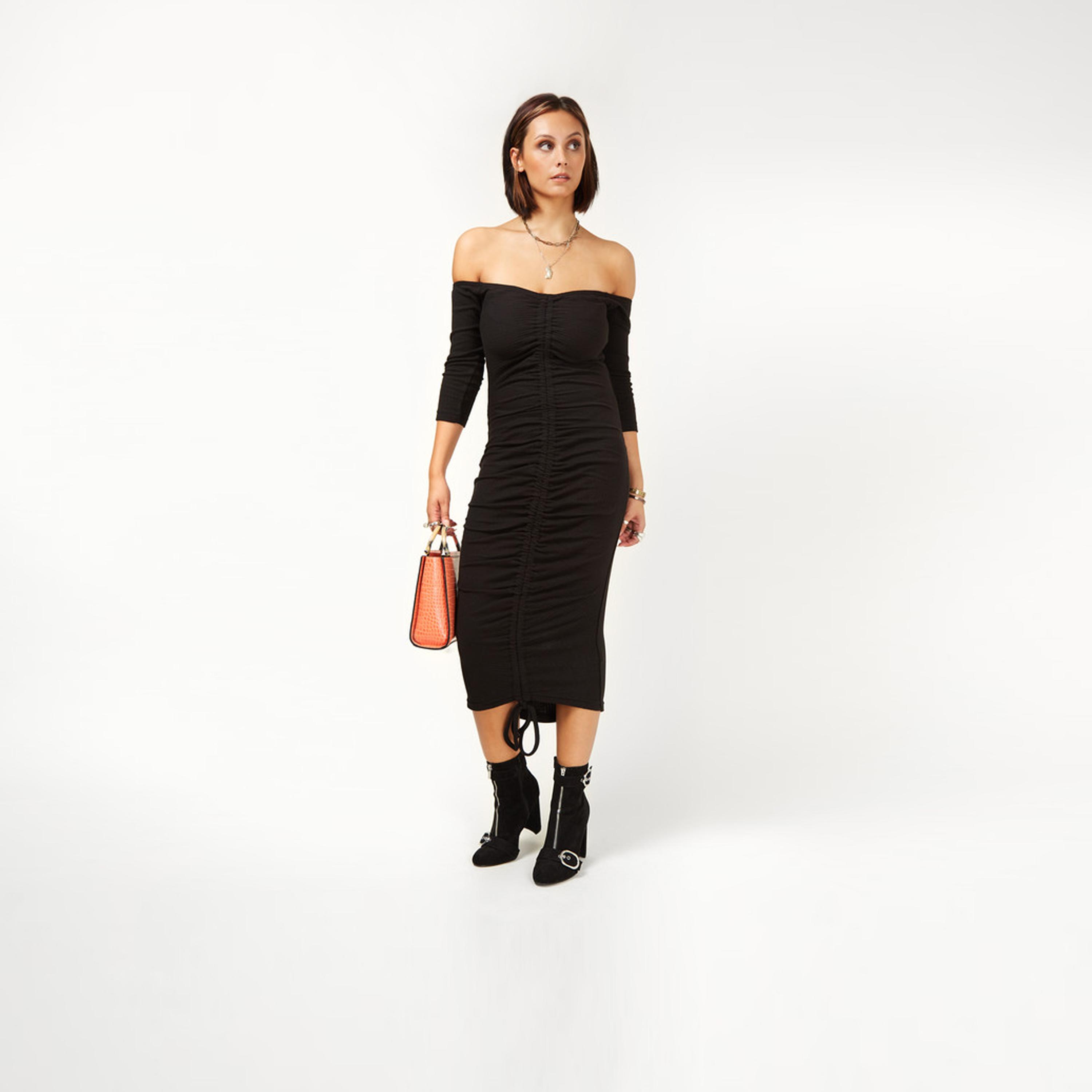 Little Mistress Black Ruched Off Shoulder Bodycon Midi Dress-women-clothing-dresses-image-2
