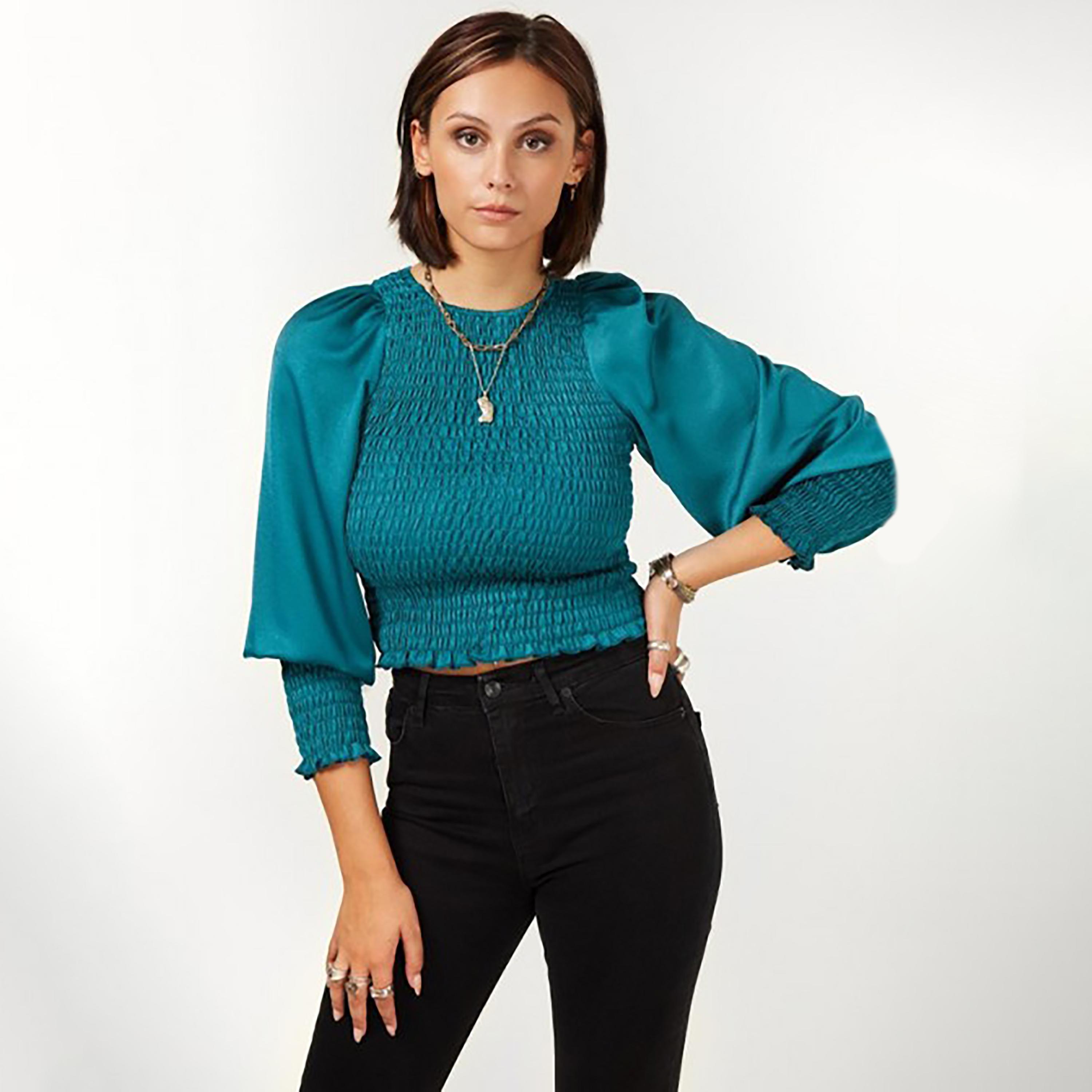 Little Mistress Teal Smocked Round Neck Long Sleeves Women's Blouse-women-clothing-shirtsandblouses-blouses-image-1