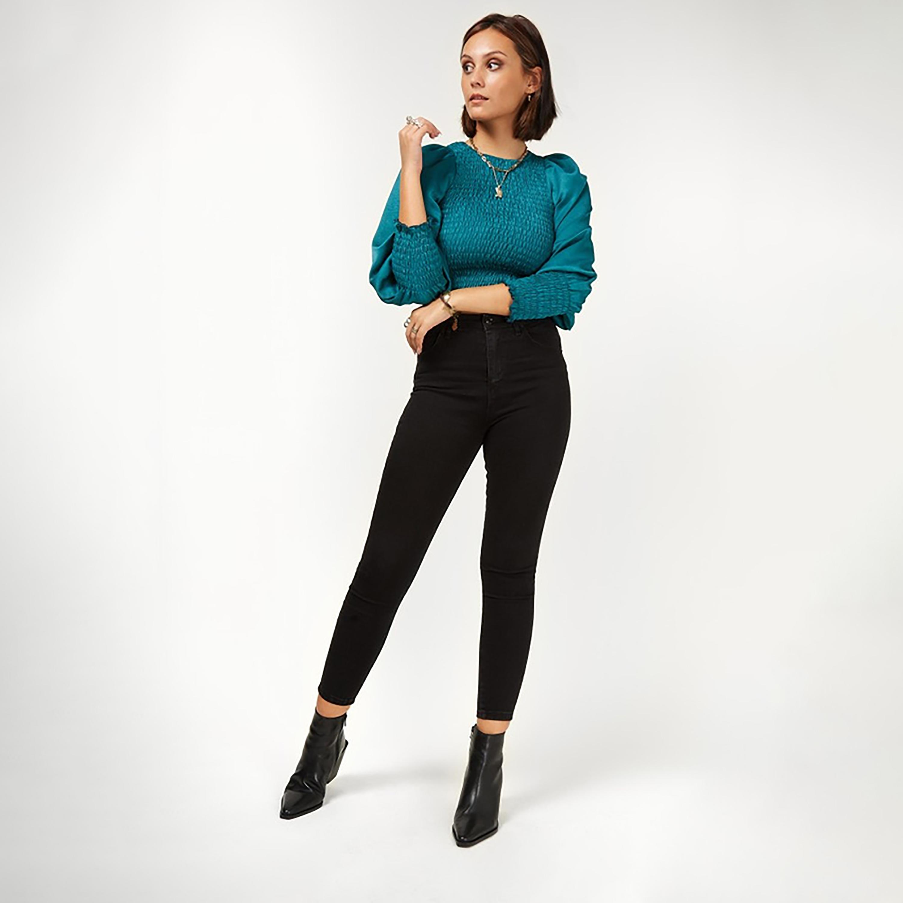 Little Mistress Teal Smocked Round Neck Long Sleeves Women's Blouse-women-clothing-shirtsandblouses-blouses-image-2