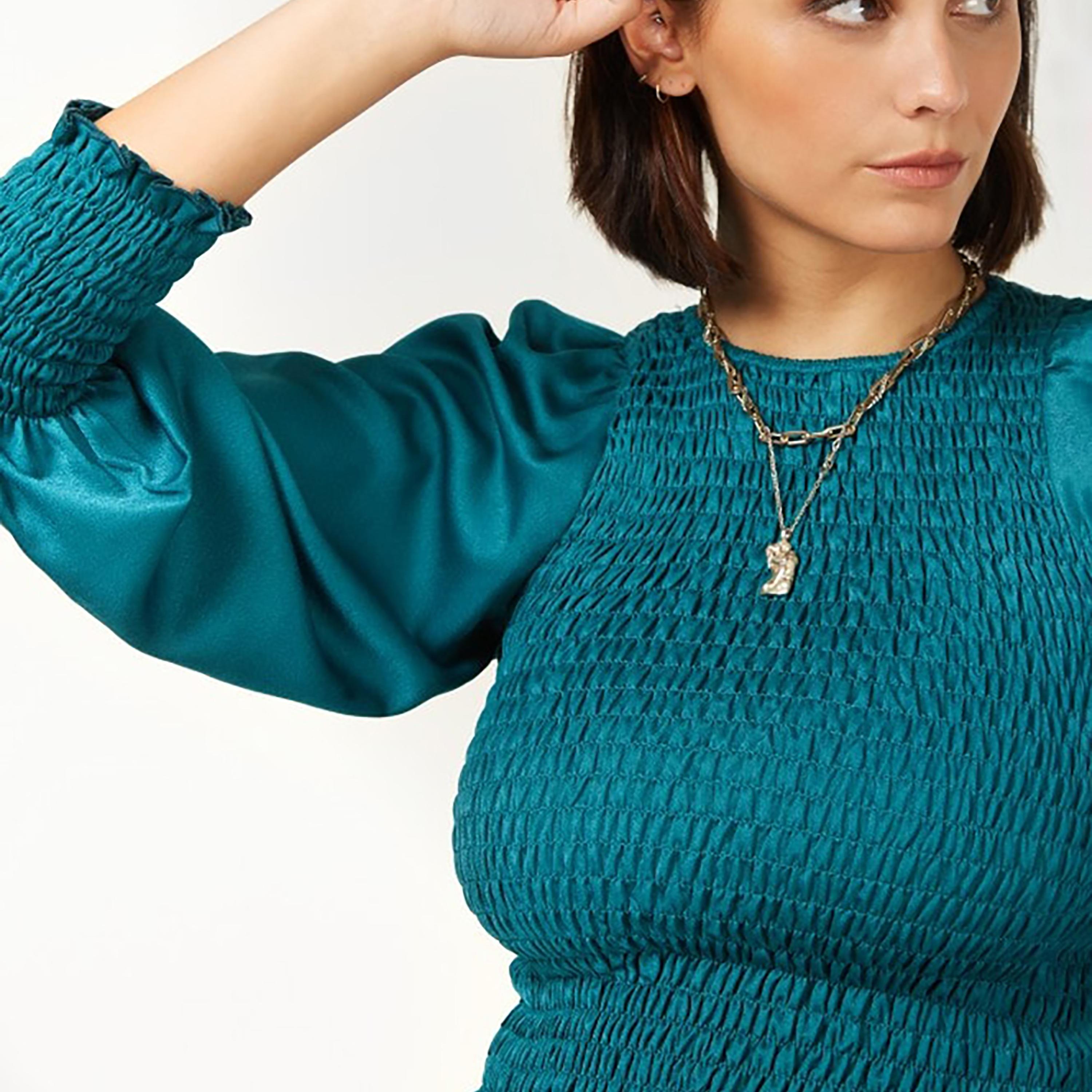 Little Mistress Teal Smocked Round Neck Long Sleeves Women's Blouse-women-clothing-shirtsandblouses-blouses-image-3