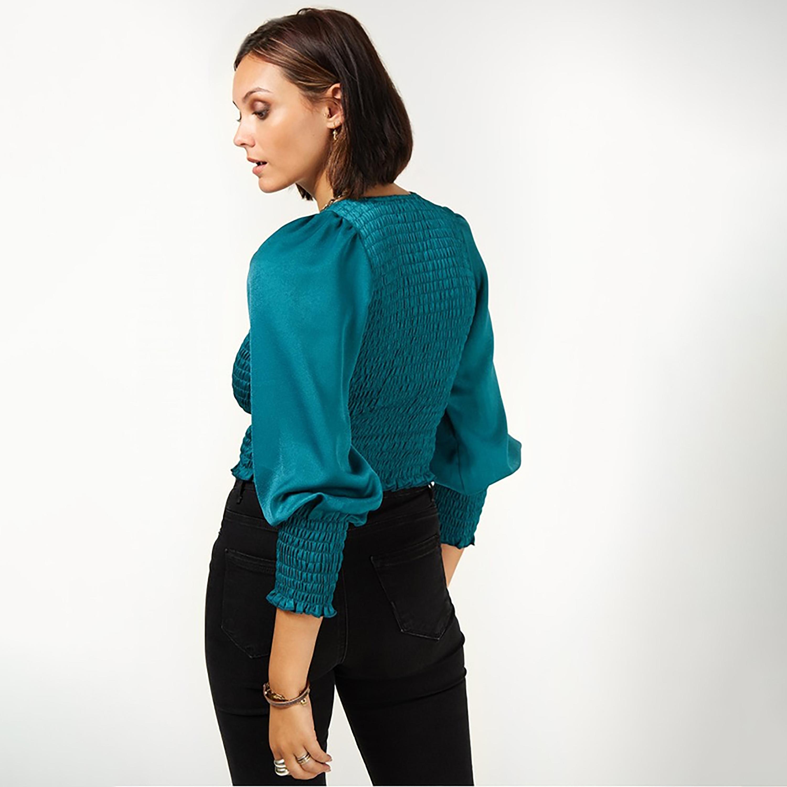 Little Mistress Teal Smocked Round Neck Long Sleeves Women's Blouse-women-clothing-shirtsandblouses-blouses-image-4