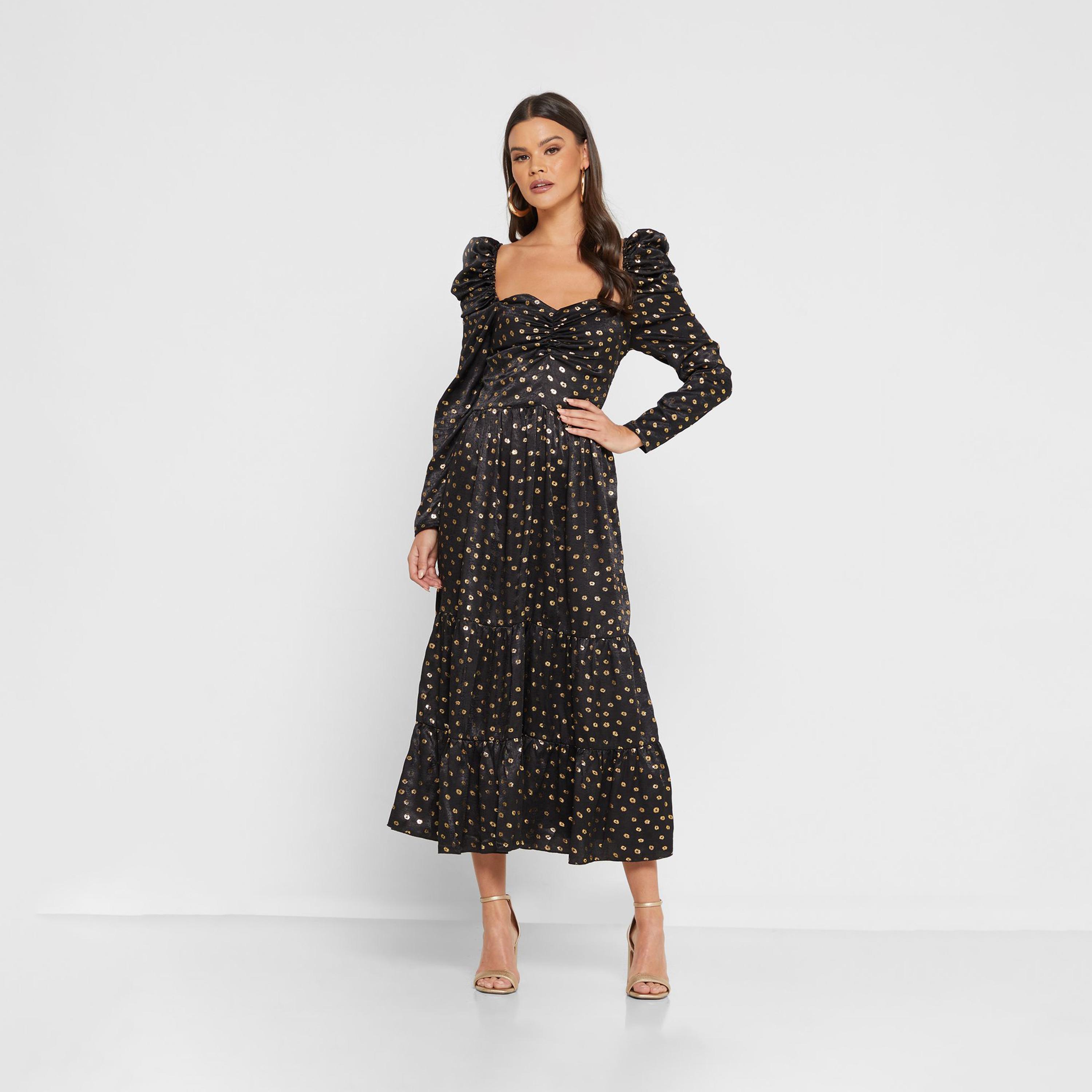 ليتل مسترس- فستان بشكل A منقط ياقة مربعة متوسط الطول أكمام طويلة-women-clothing-dresses-image-1