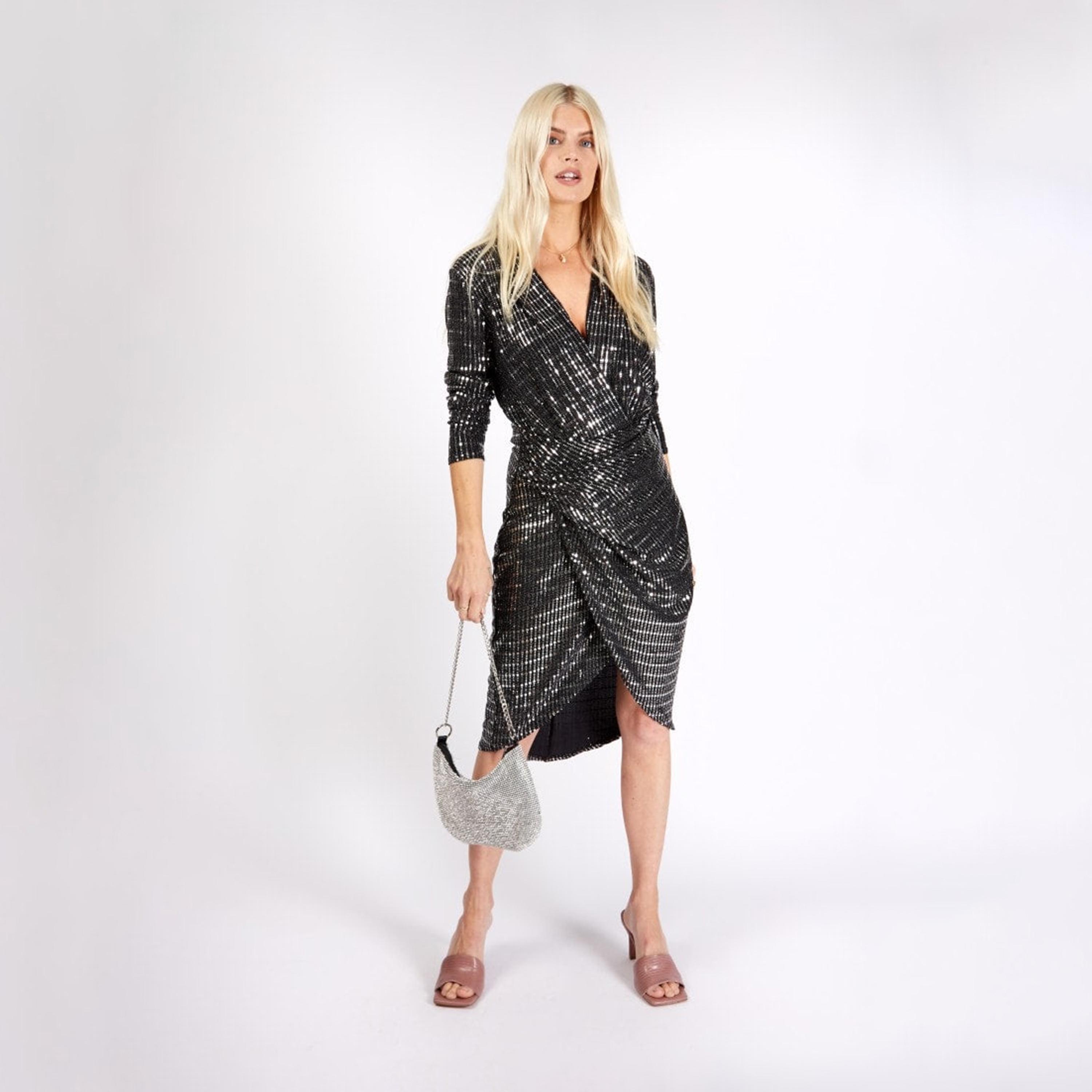 ليتل مسترس- فستان ملفوف متوسط الطول ياقة على شكل V أكمام طويلة-women-clothing-dresses-image-1