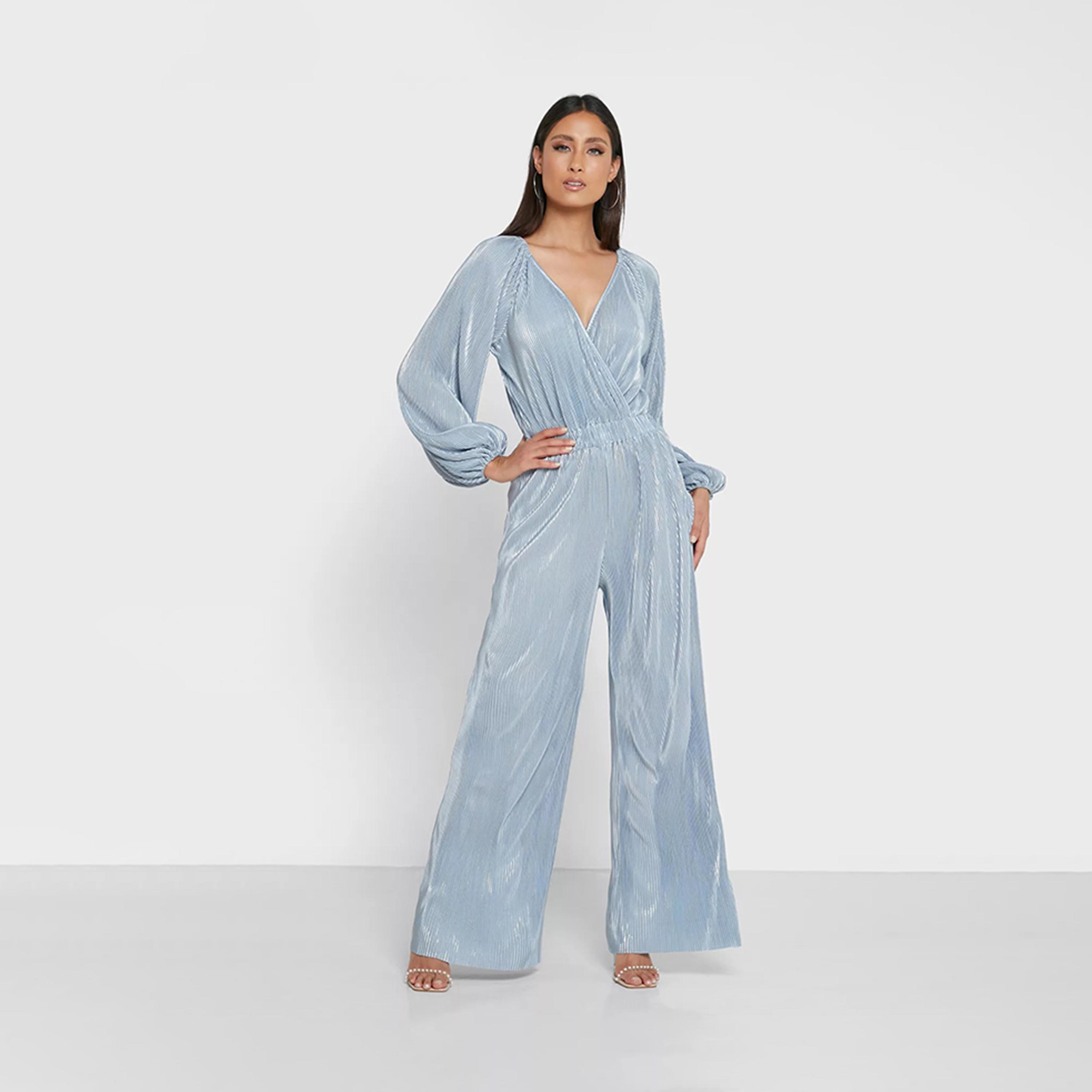 جمبسوت ذو تكسثرد بياقة على شكل فى مع أكمام طويلة من ليتل ميستريس ساتان-women-clothing-jumpsuits-image-1