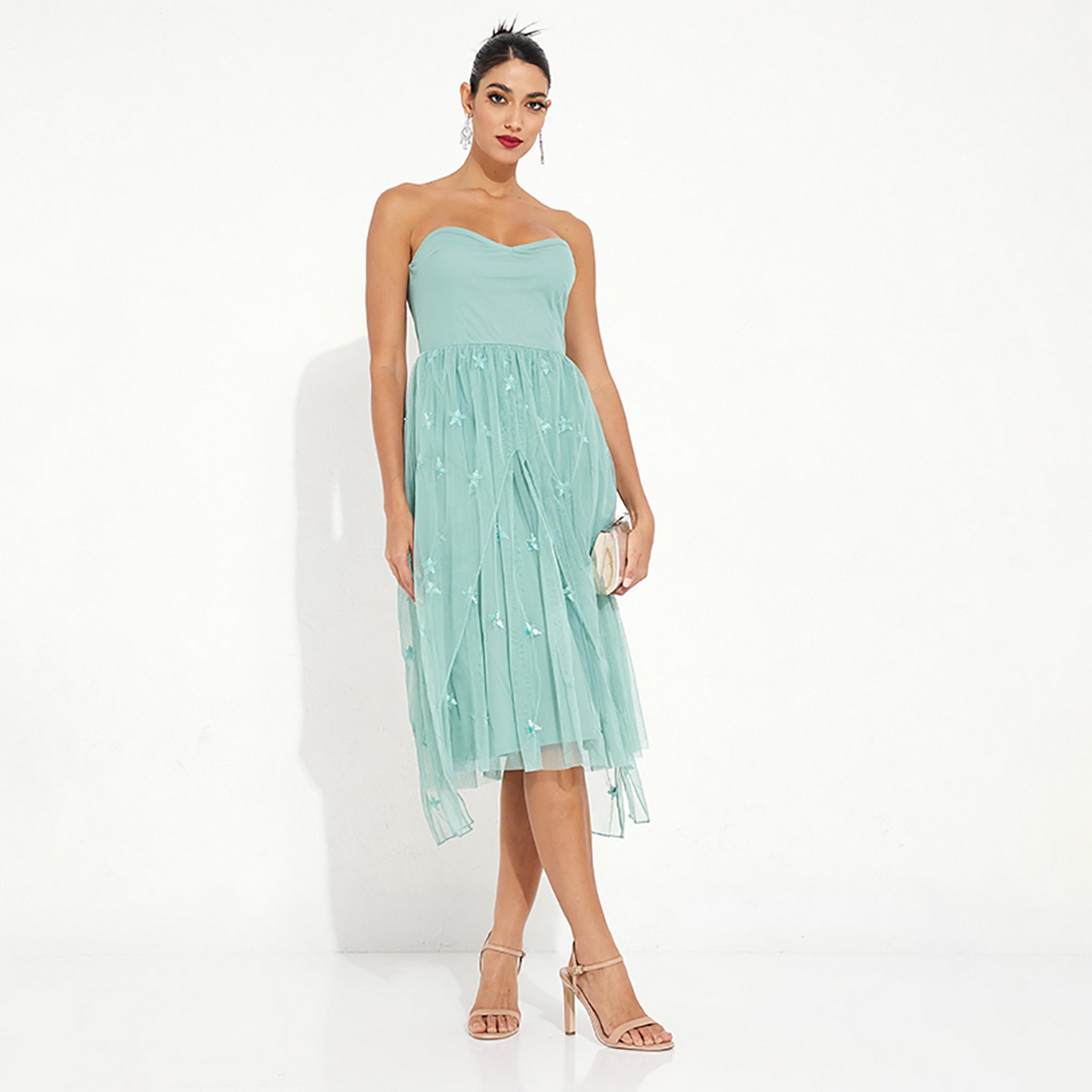 Little Mistress Green Net & Sequin Off Shoulder Evening Tube Midi Women's Dress-women-clothing-dresses-image-1
