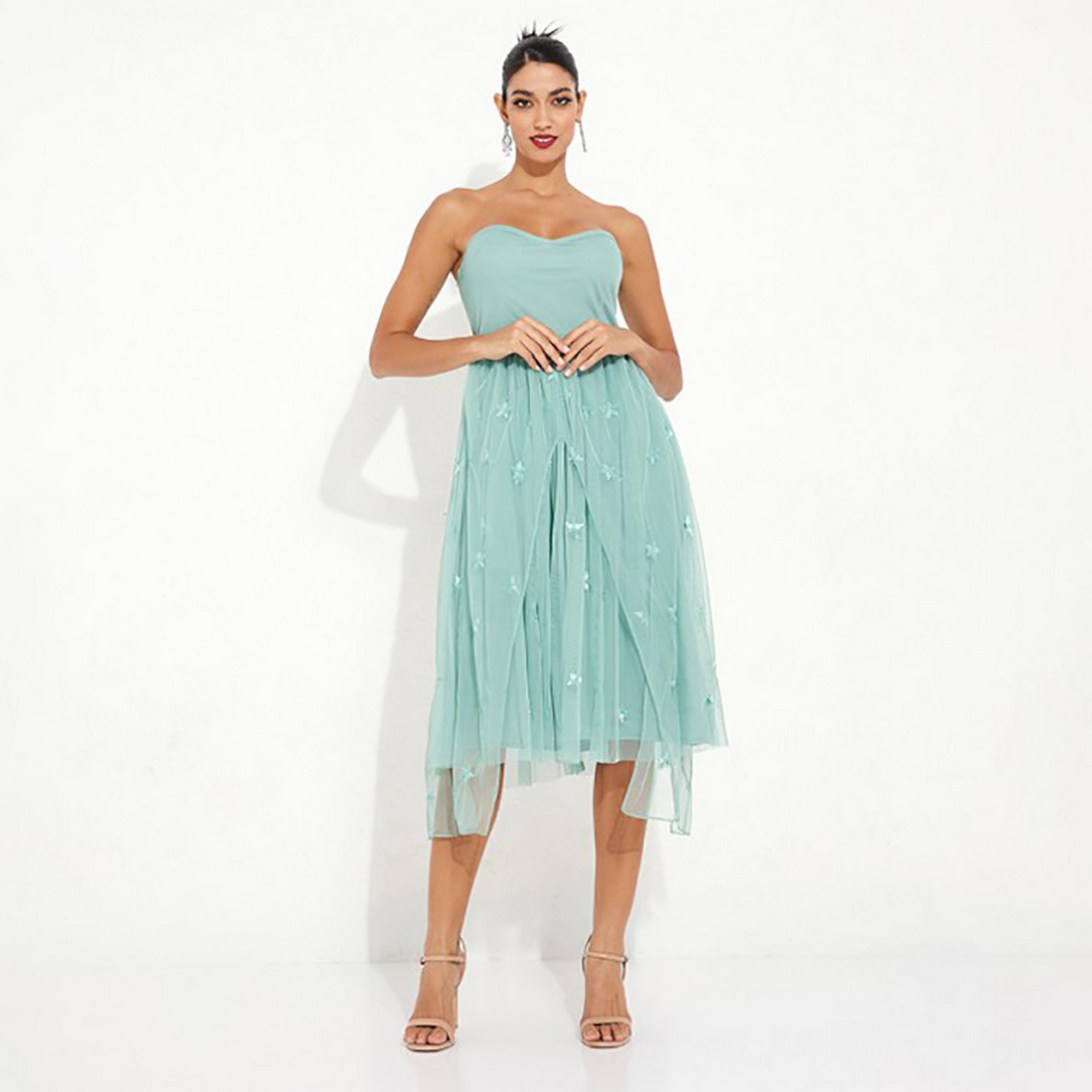 Little Mistress Green Net & Sequin Off Shoulder Evening Tube Midi Women's Dress-women-clothing-dresses-image-3