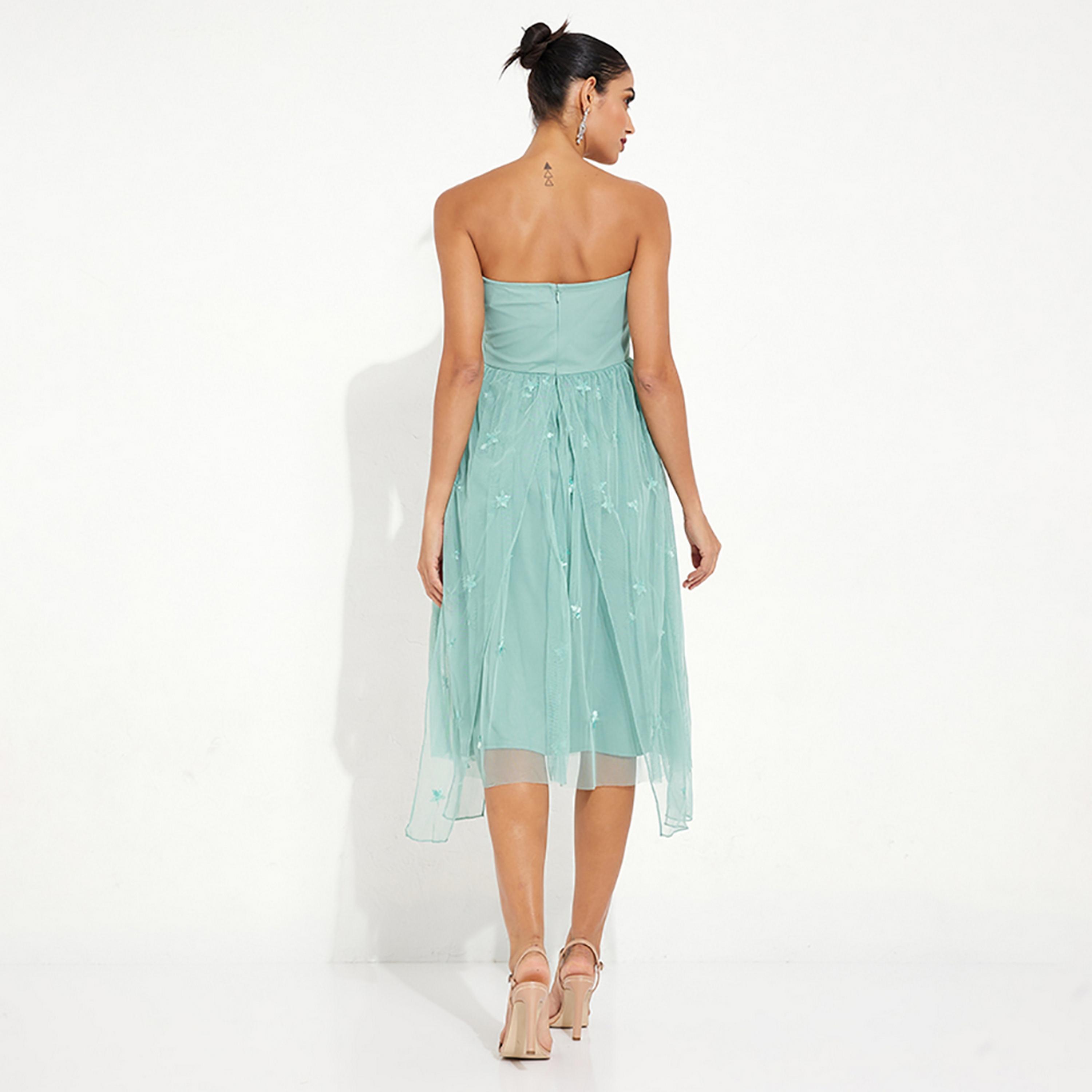 Little Mistress Green Net & Sequin Off Shoulder Evening Tube Midi Women's Dress-women-clothing-dresses-image-4