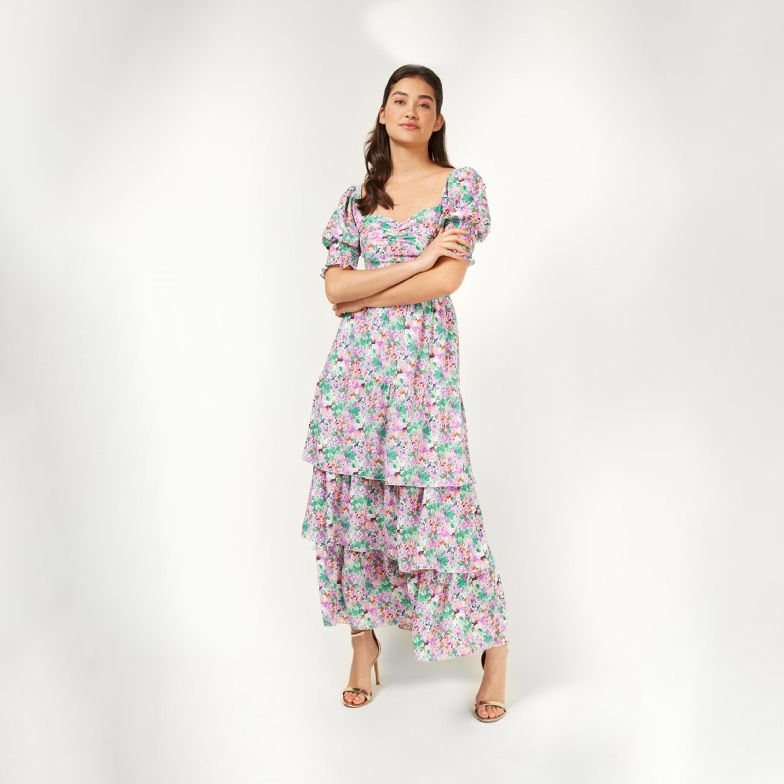 ليتل مسترس- فستان ماكسي طبقات ياقة على شكل V تصميم منقوش أكمام منفوخة-women-clothing-dresses-image-1