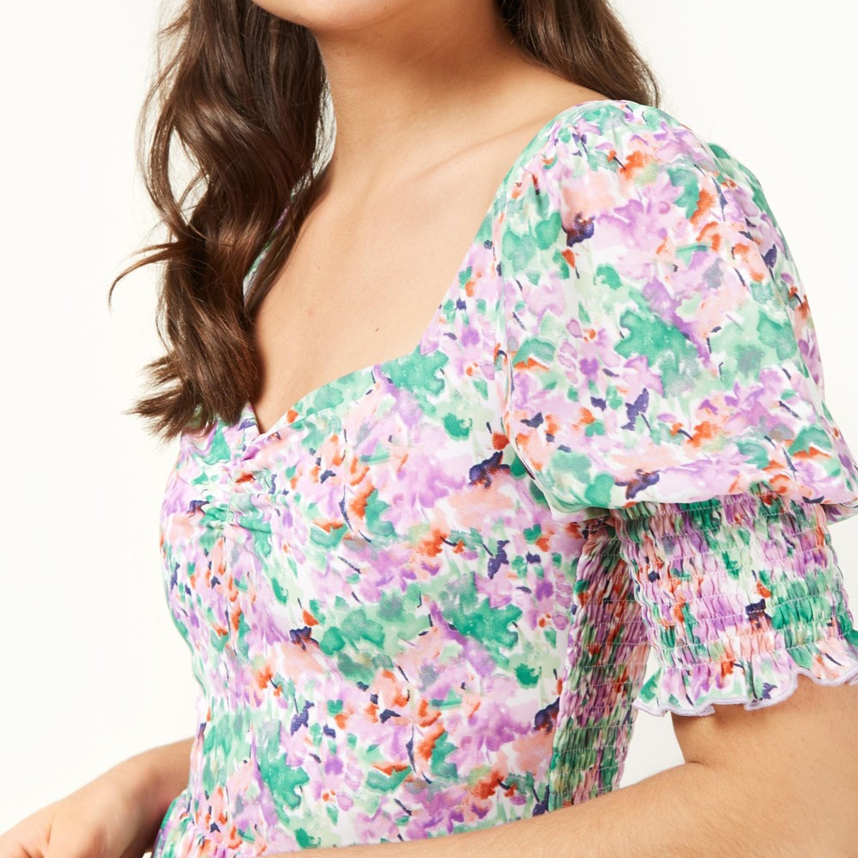 ليتل مسترس- فستان ماكسي طبقات ياقة على شكل V تصميم منقوش أكمام منفوخة-women-clothing-dresses-image-2
