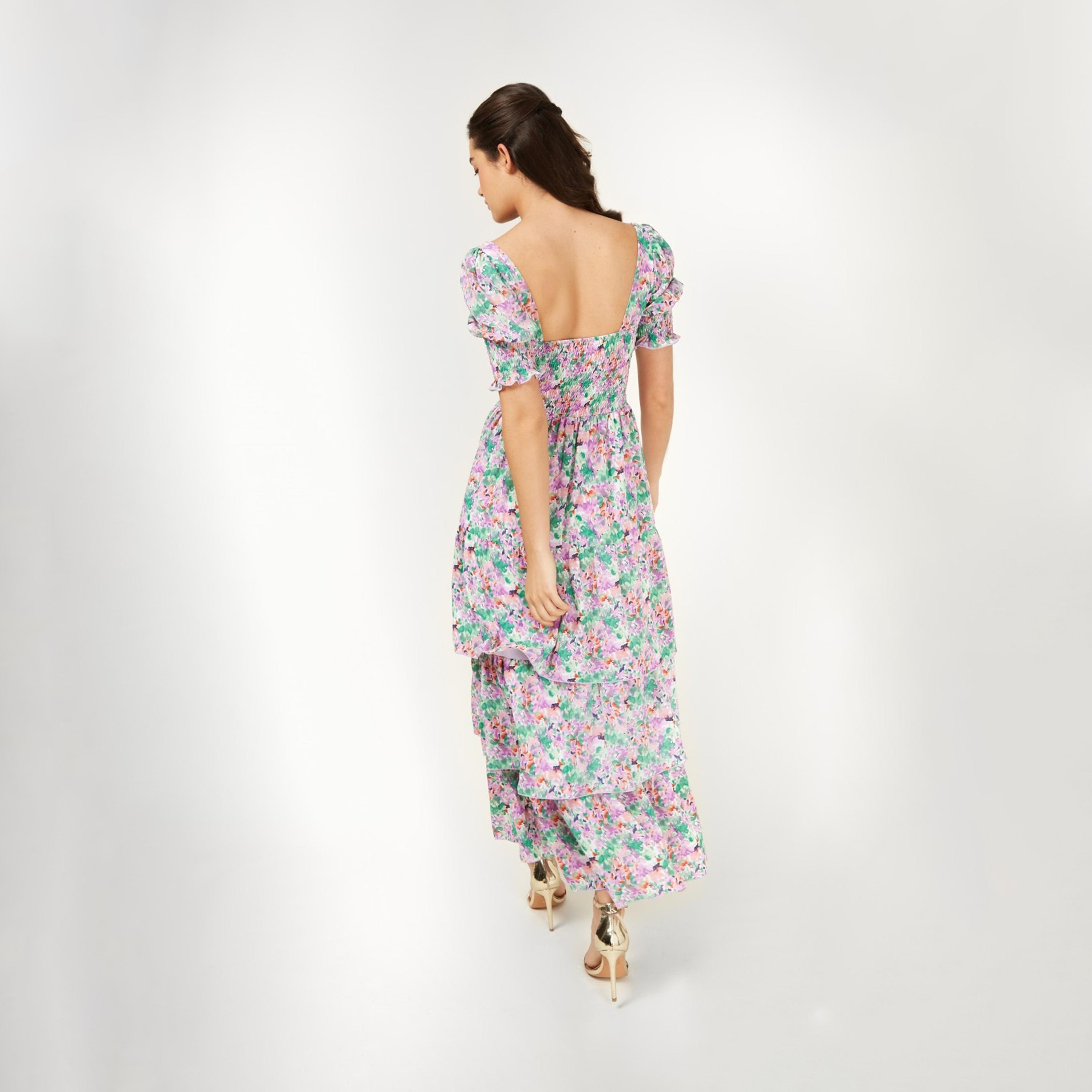ليتل مسترس- فستان ماكسي طبقات ياقة على شكل V تصميم منقوش أكمام منفوخة-women-clothing-dresses-image-3