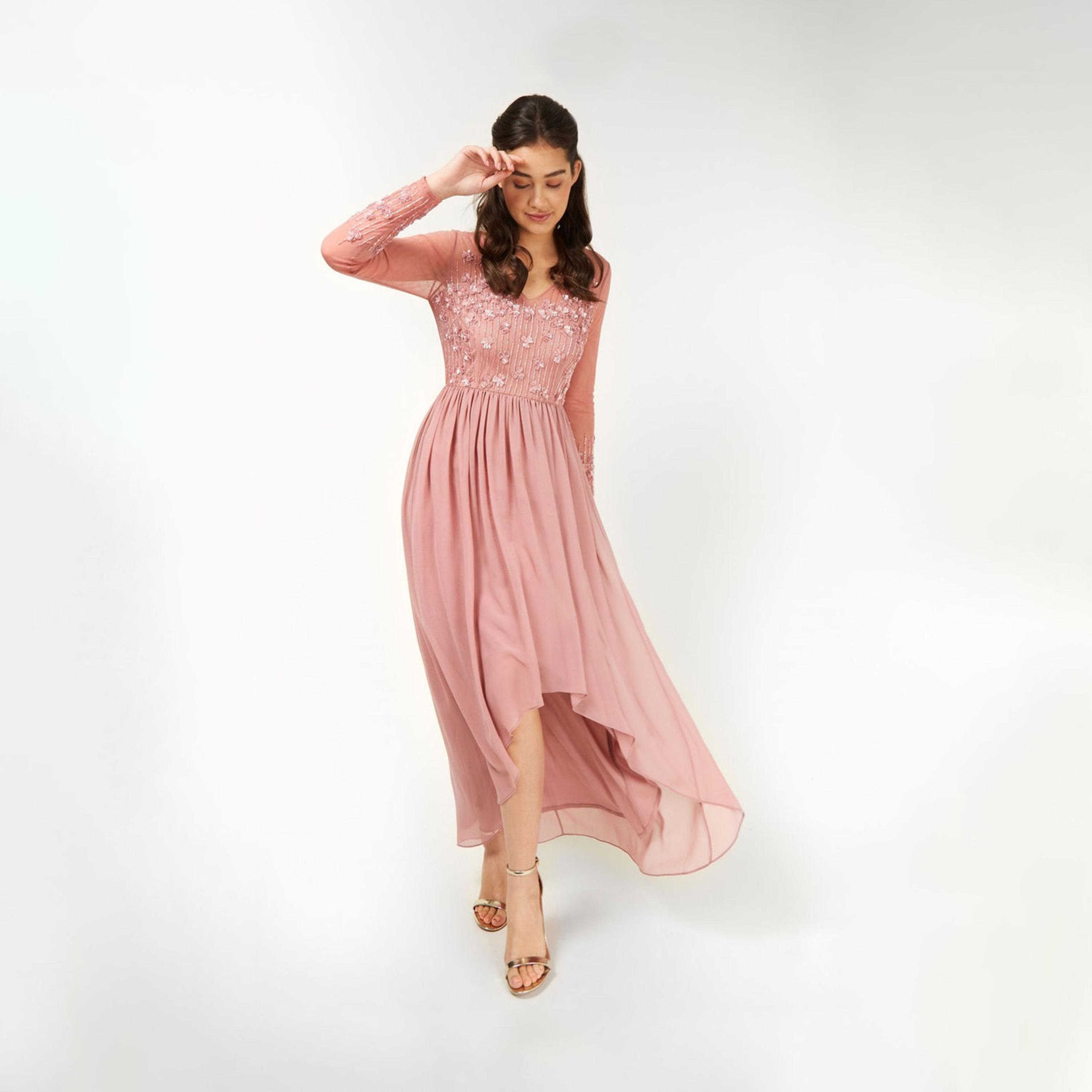 Little Mistress Embellished V-neck Asymmetric Maxi Dress with Long Sleeves-women-clothing-dresses-image-1