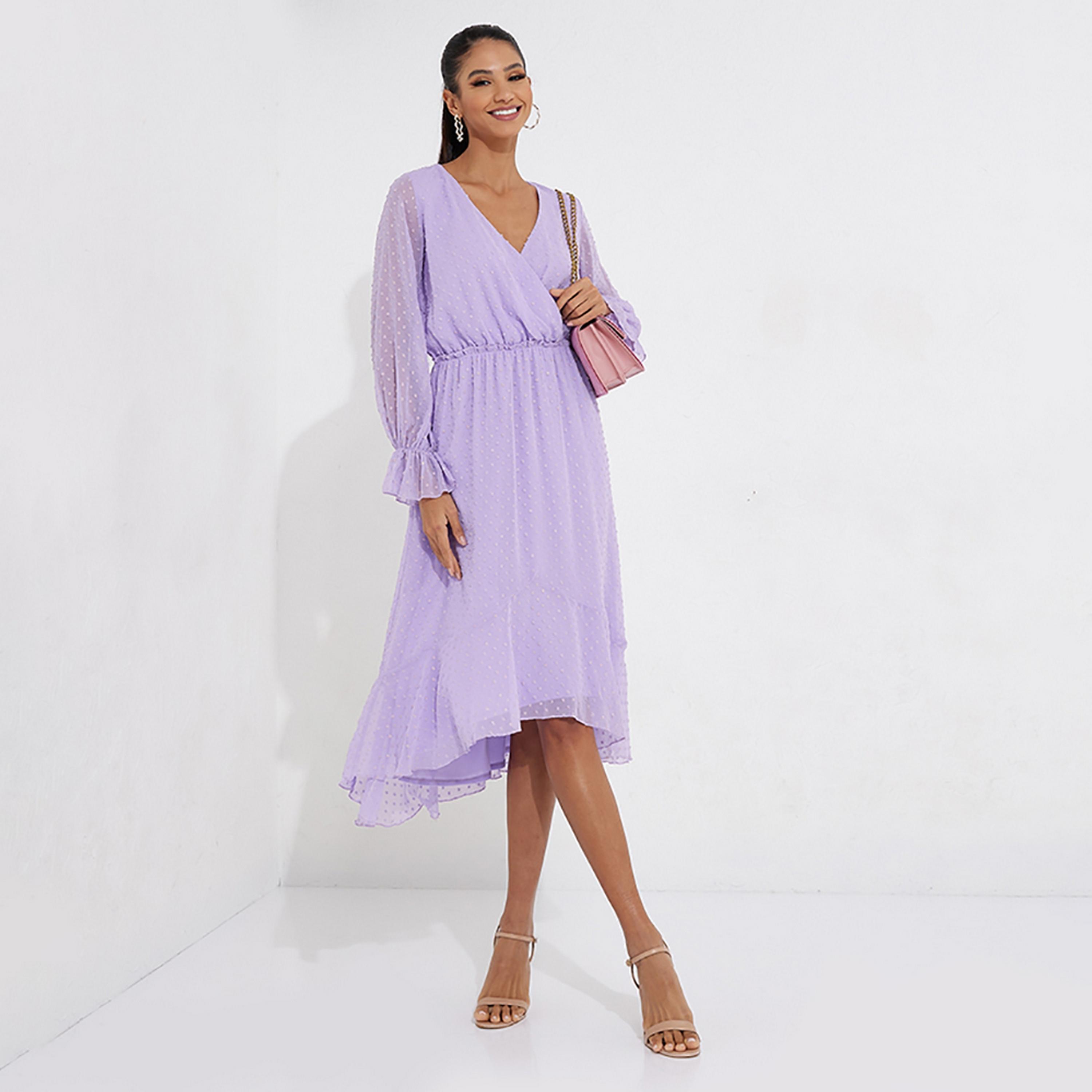 Little Mistress Purple Swiss Dots Plunge Neck Fit and Flared Midi Women's Dress-women-clothing-dresses-image-1