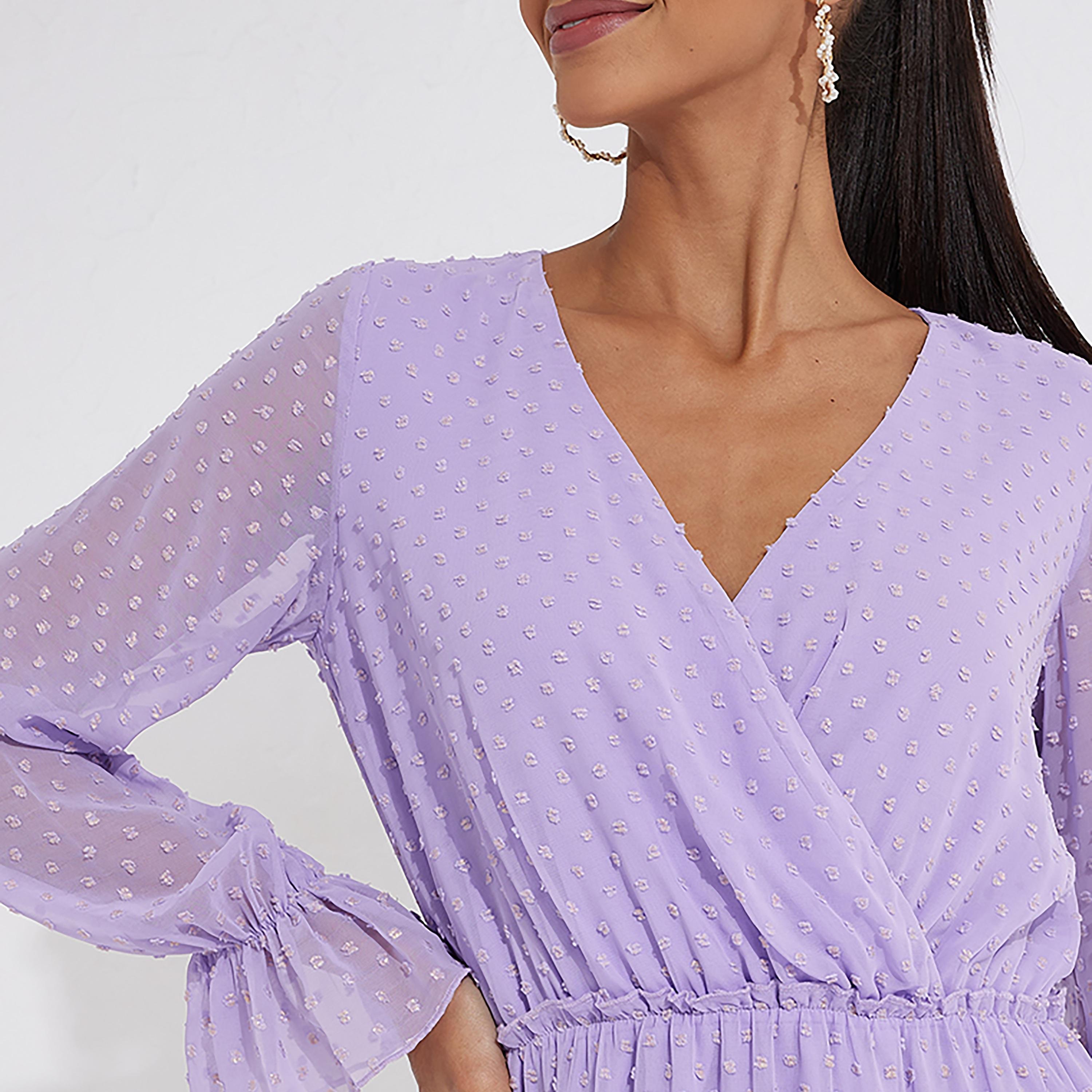 Little Mistress Purple Swiss Dots Plunge Neck Fit and Flared Midi Women's Dress-women-clothing-dresses-image-2