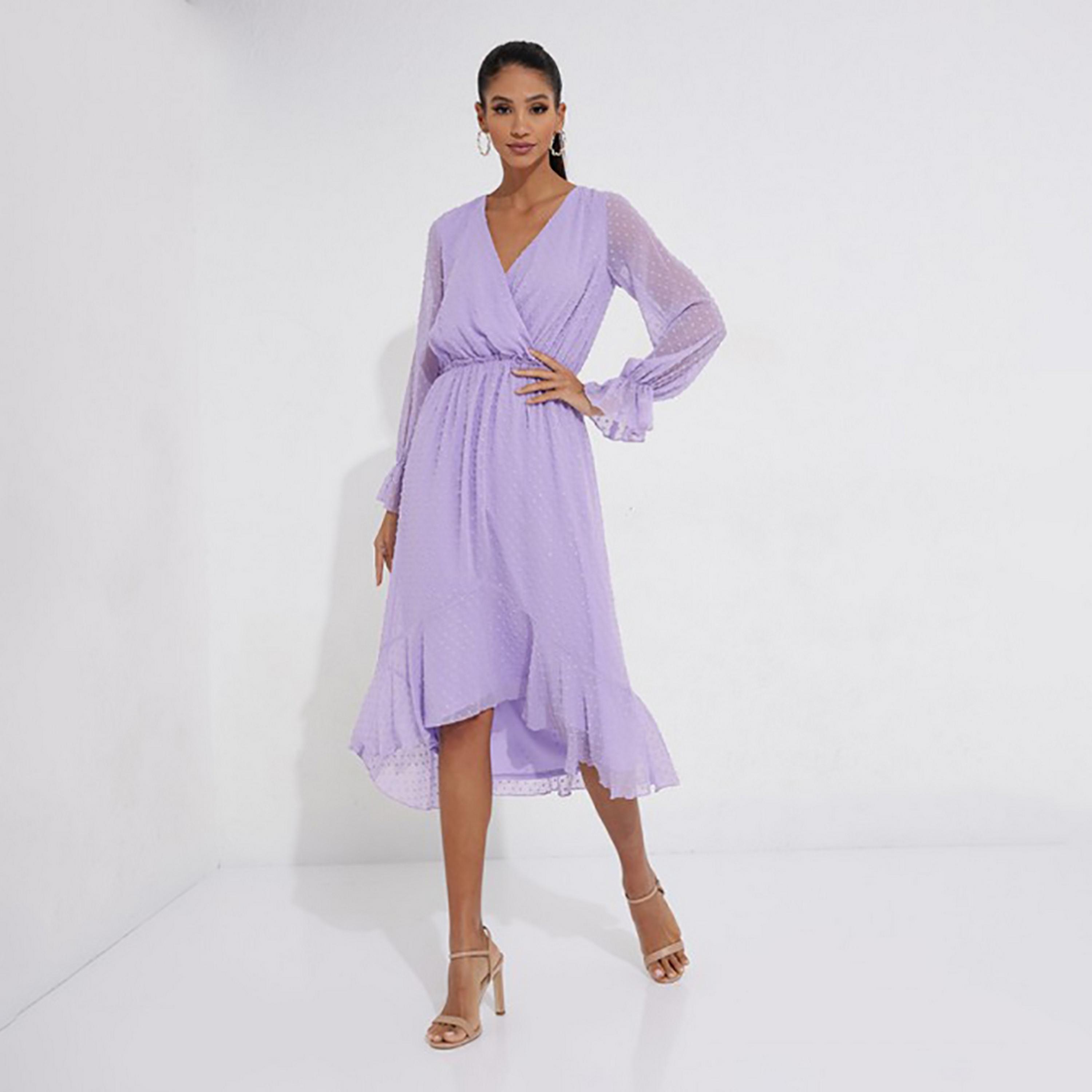 Little Mistress Purple Swiss Dots Plunge Neck Fit and Flared Midi Women's Dress-women-clothing-dresses-image-3