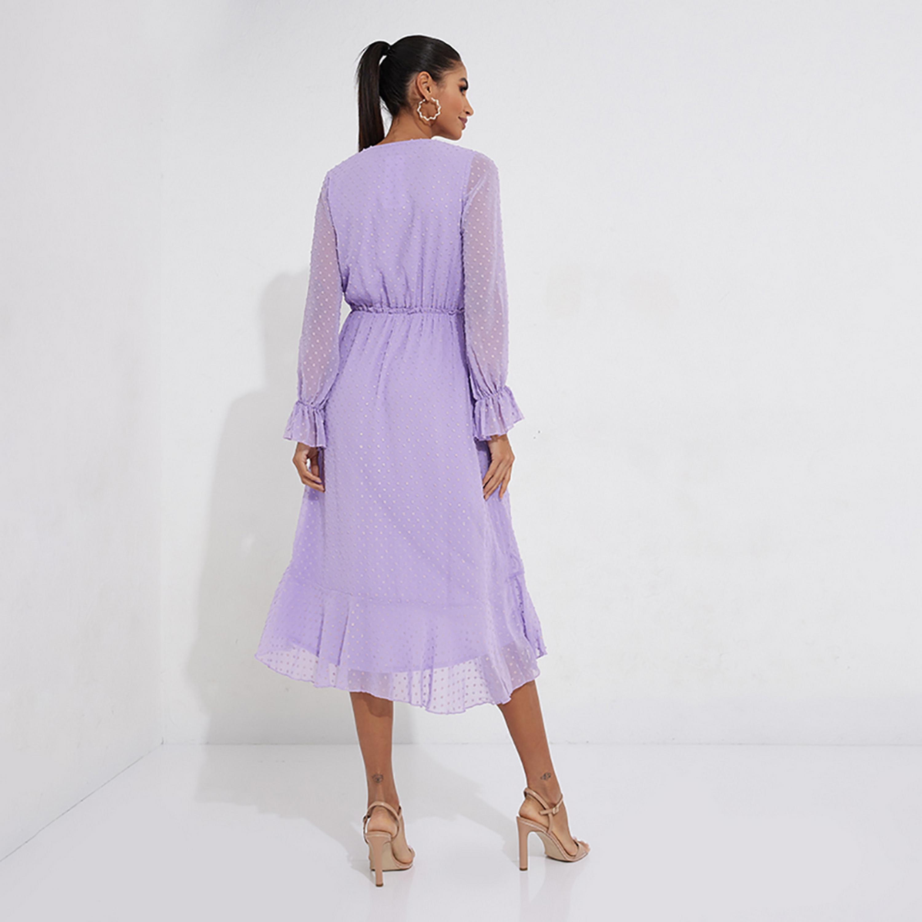 Little Mistress Purple Swiss Dots Plunge Neck Fit and Flared Midi Women's Dress-women-clothing-dresses-image-4