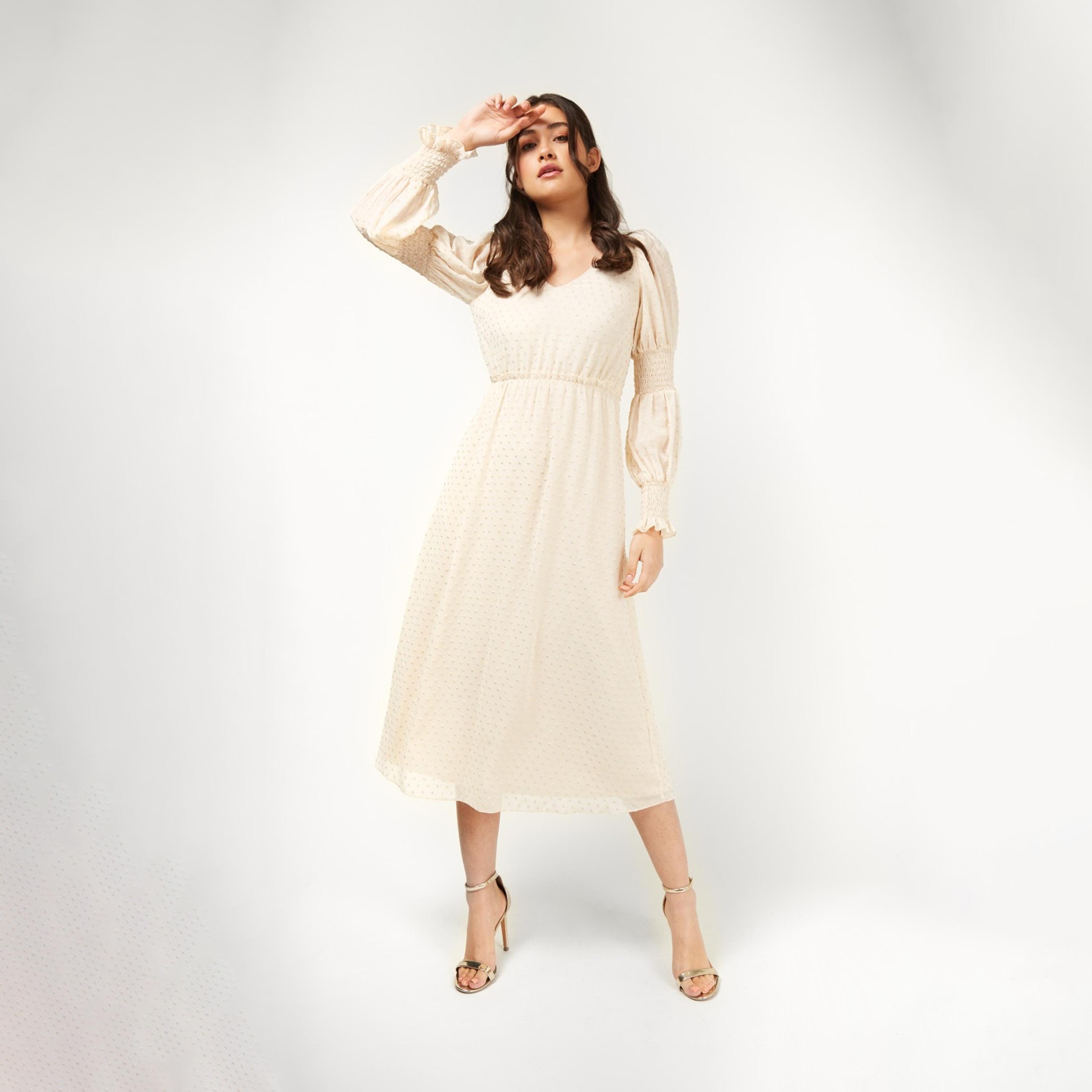 ليتل مسترس- فستان منقط  بشكل A ياقة على شكل V متوسط الطول أكمام طويلة-women-clothing-dresses-image-1