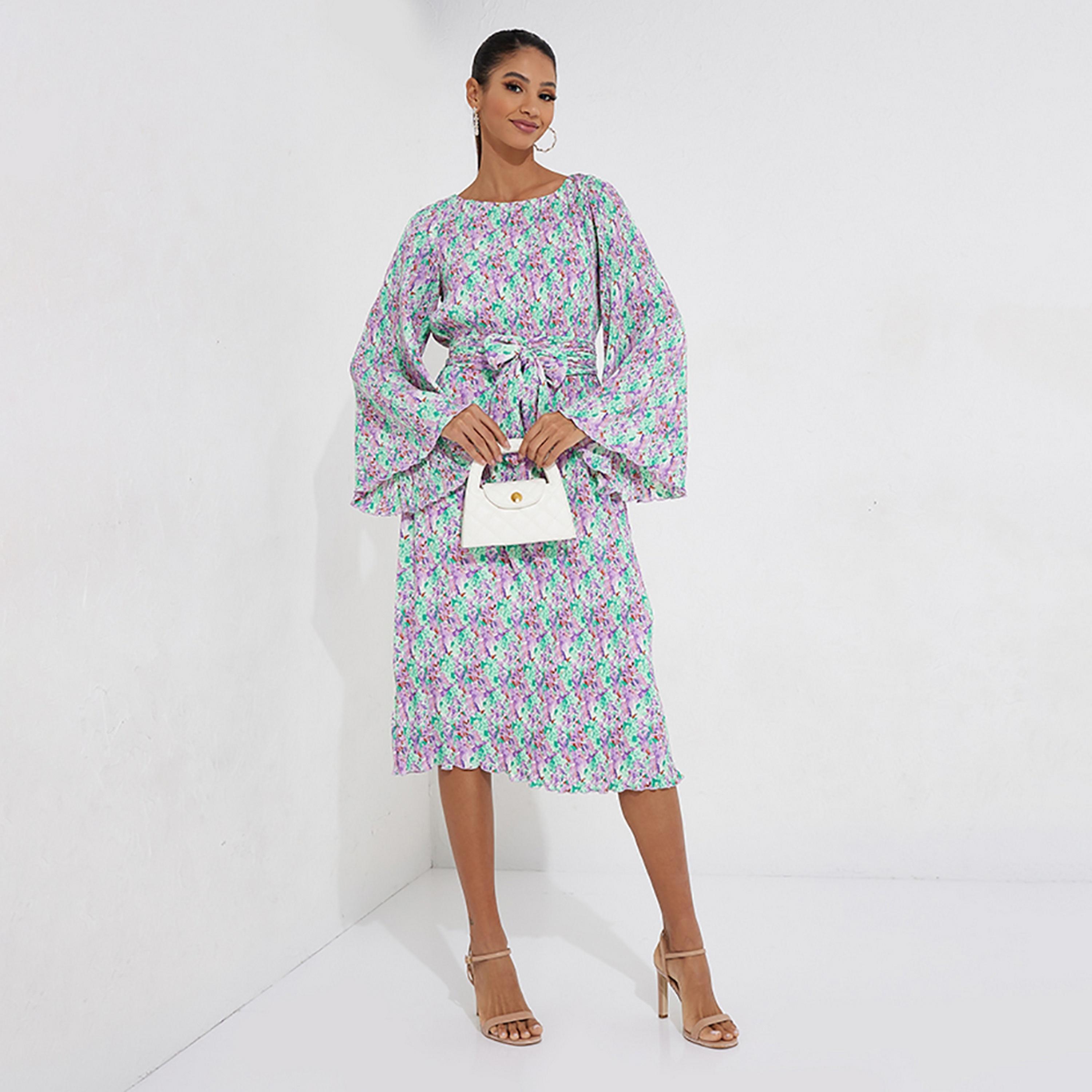 Little Mistress Multicolour Printed Flared Sleeves Fit and Flared Midi Women's Dress-women-clothing-dresses-image-1