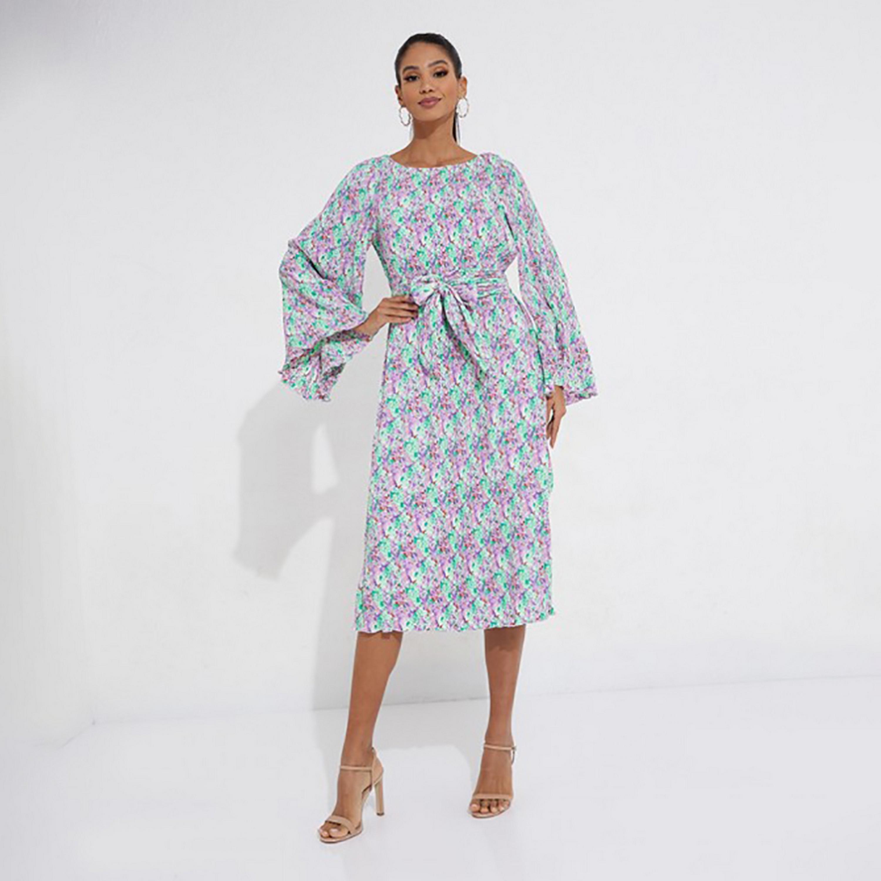 Little Mistress Multicolour Printed Flared Sleeves Fit and Flared Midi Women's Dress-women-clothing-dresses-image-3
