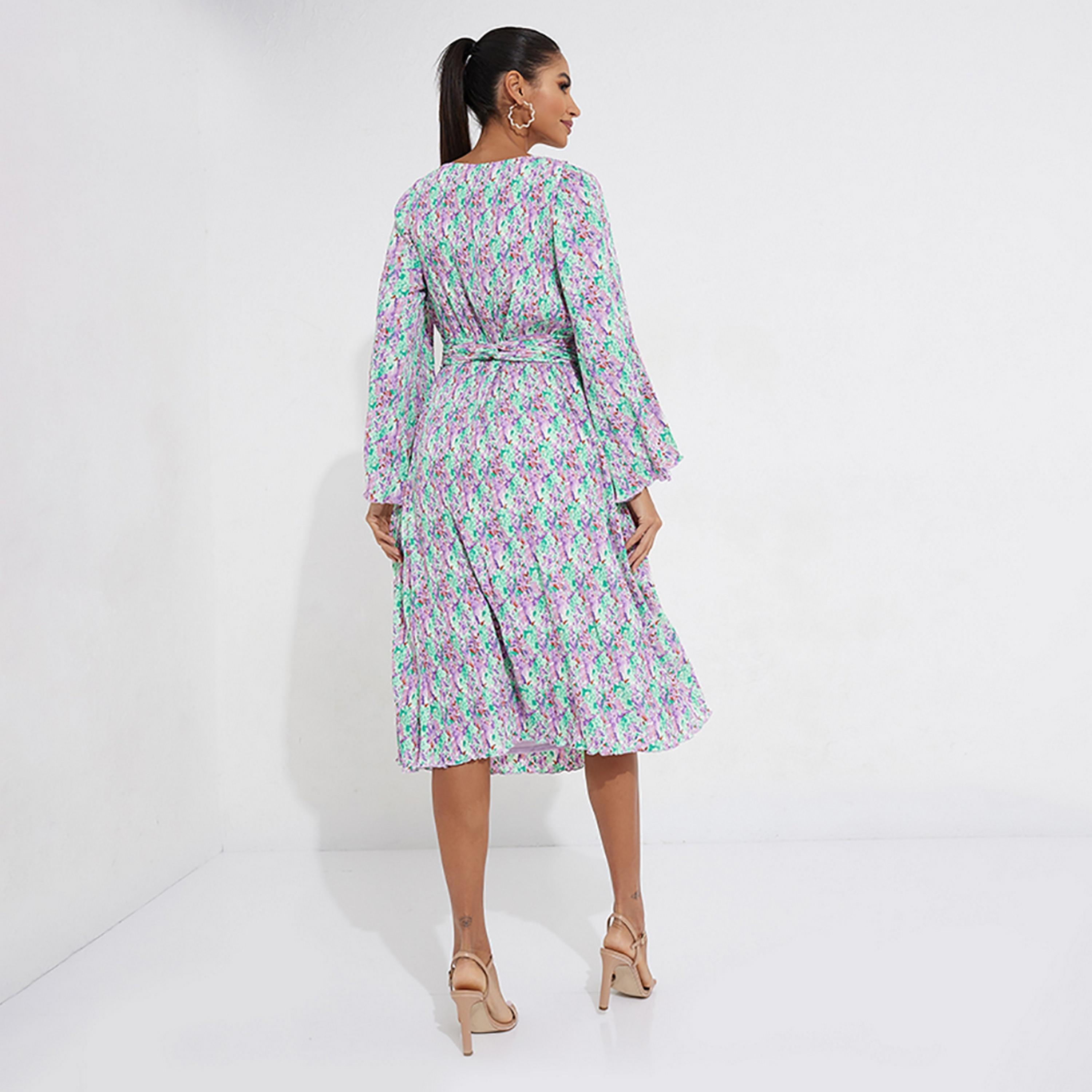 Little Mistress Multicolour Printed Flared Sleeves Fit and Flared Midi Women's Dress-women-clothing-dresses-image-4