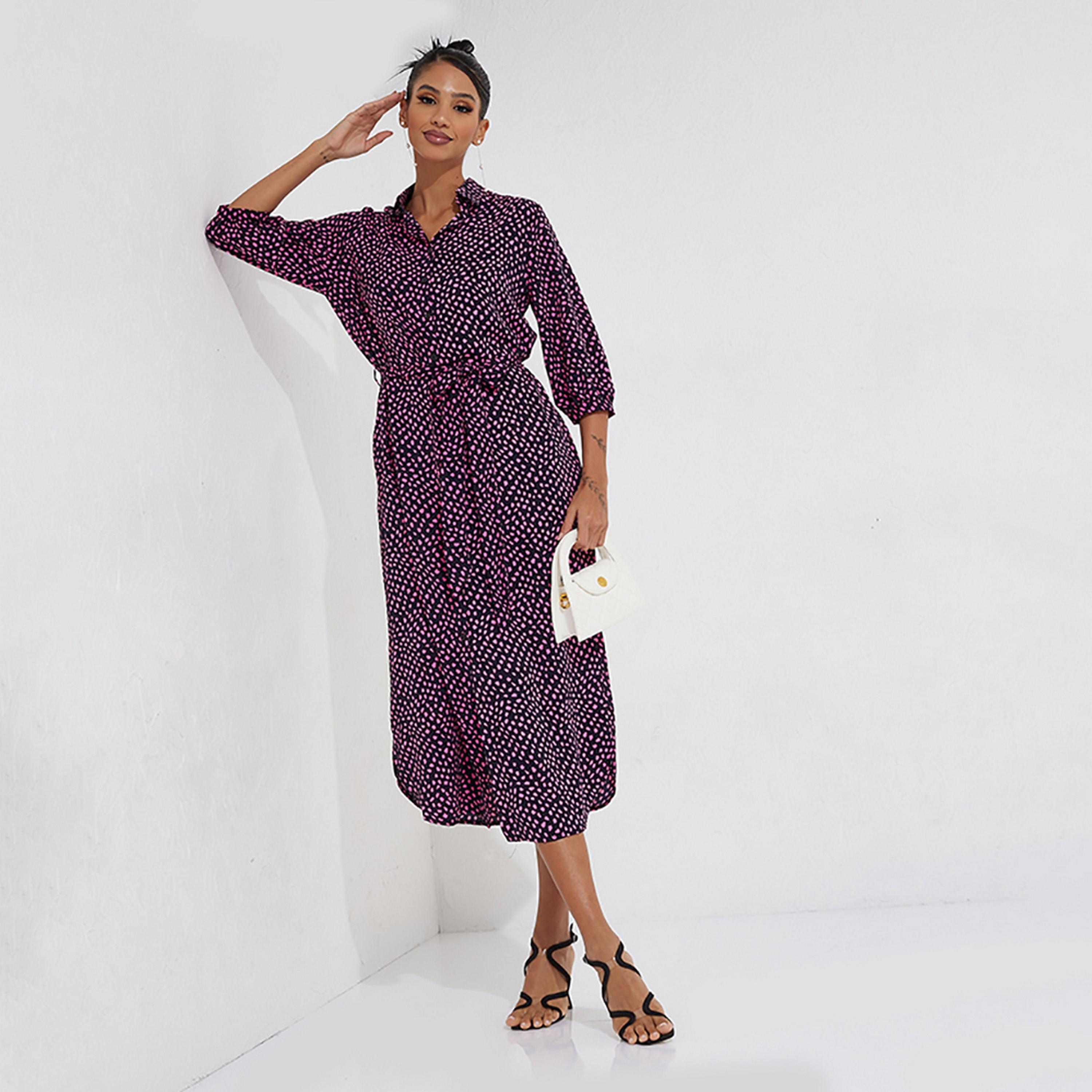 Little Mistress Multicolour Printed Collared Shirt Midi Women's Dress-women-clothing-dresses-image-1