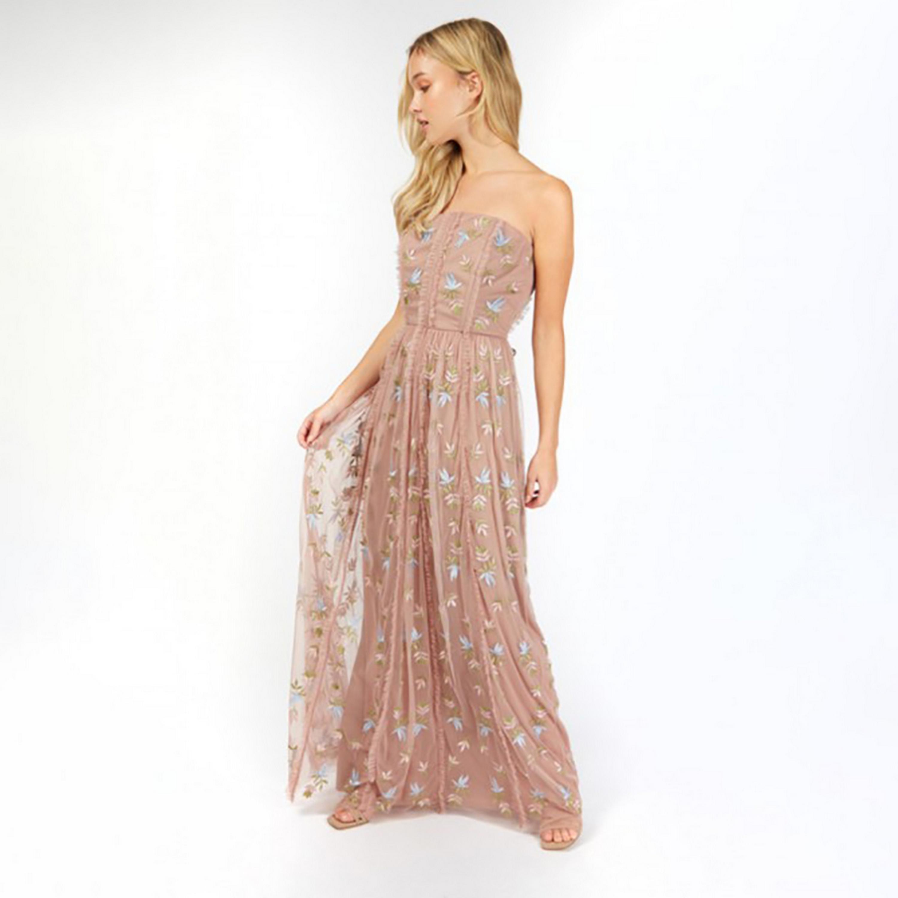 Little Mistress Brown Embroidered Off Shoulder Fit and Flared Maxi Women's Dress-women-clothing-dresses-image-1