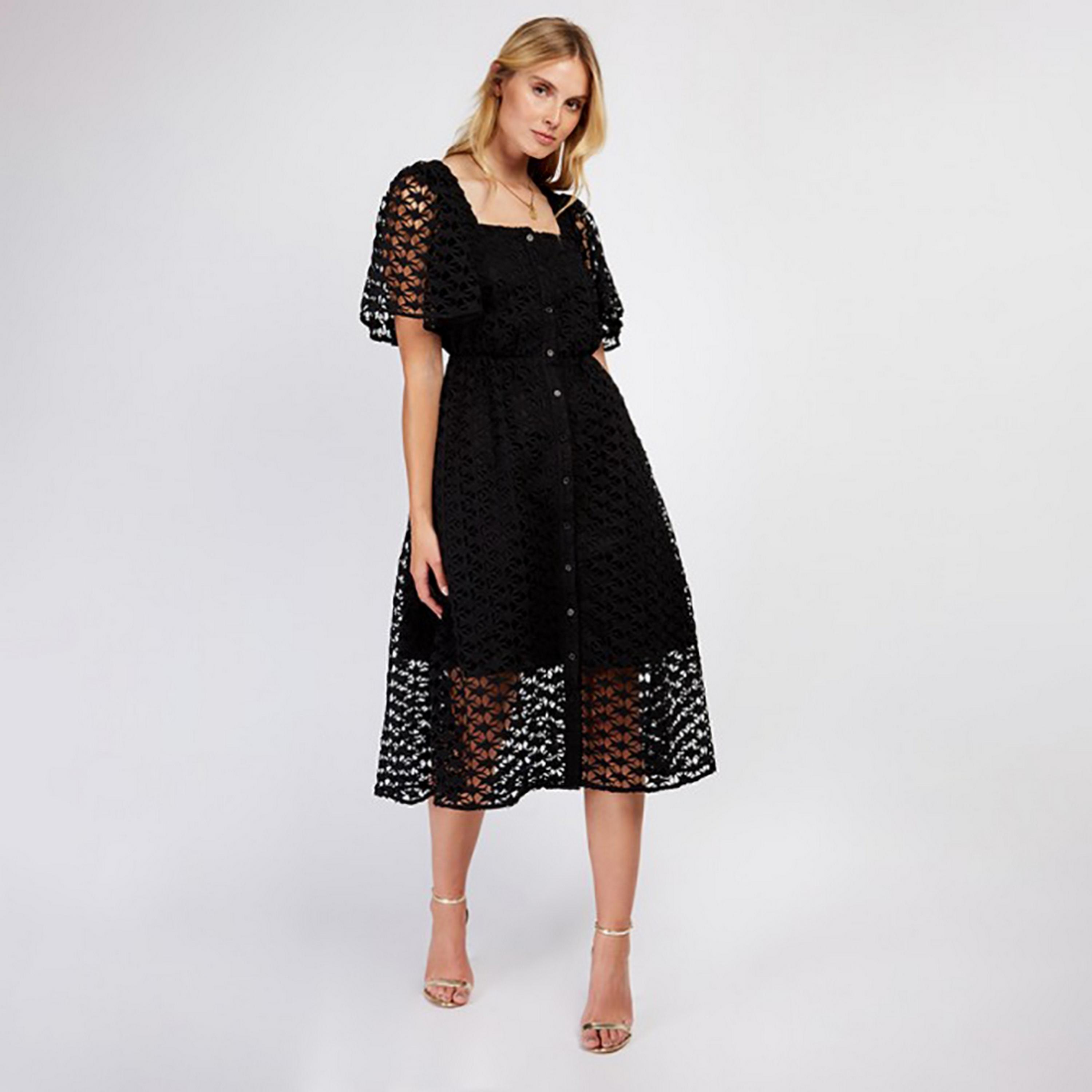 Little Mistress Black Lace Flared Sleeves Fit and Flared Midi Women's Dress-women-clothing-dresses-image-1