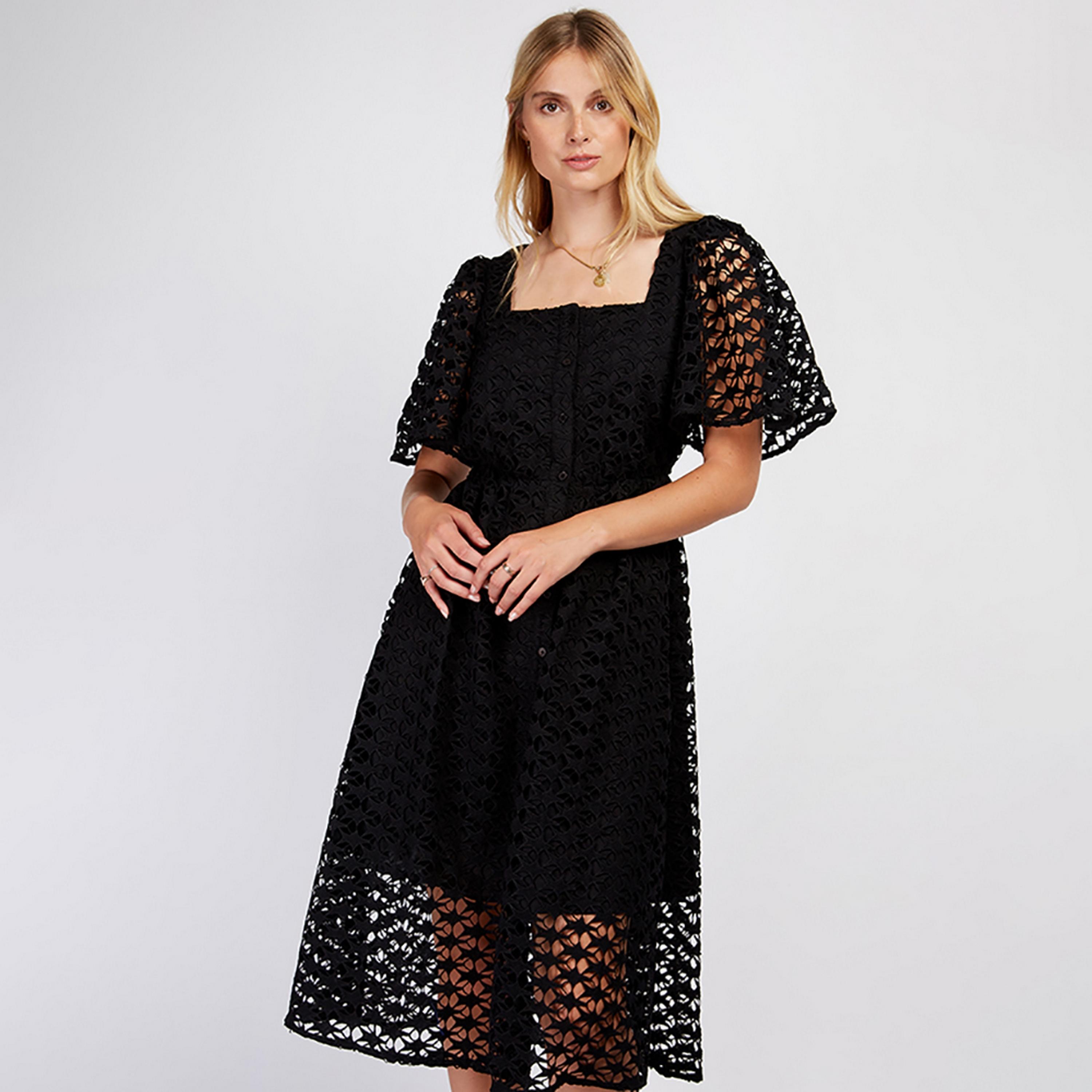 Little Mistress Black Lace Flared Sleeves Fit and Flared Midi Women's Dress-women-clothing-dresses-image-3