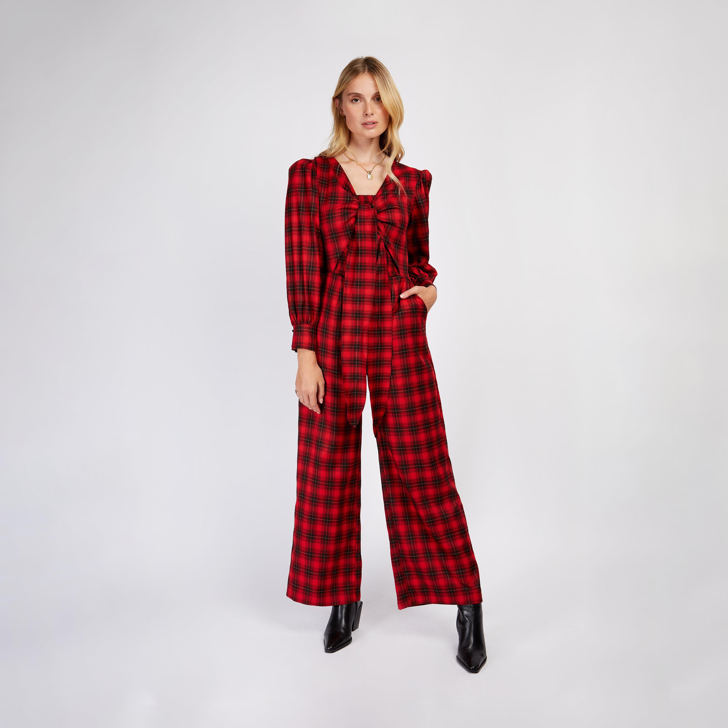 Little Mistress Checked Collared Jumpsuit with Puff Sleeves-women-clothing-jumpsuits-image-1