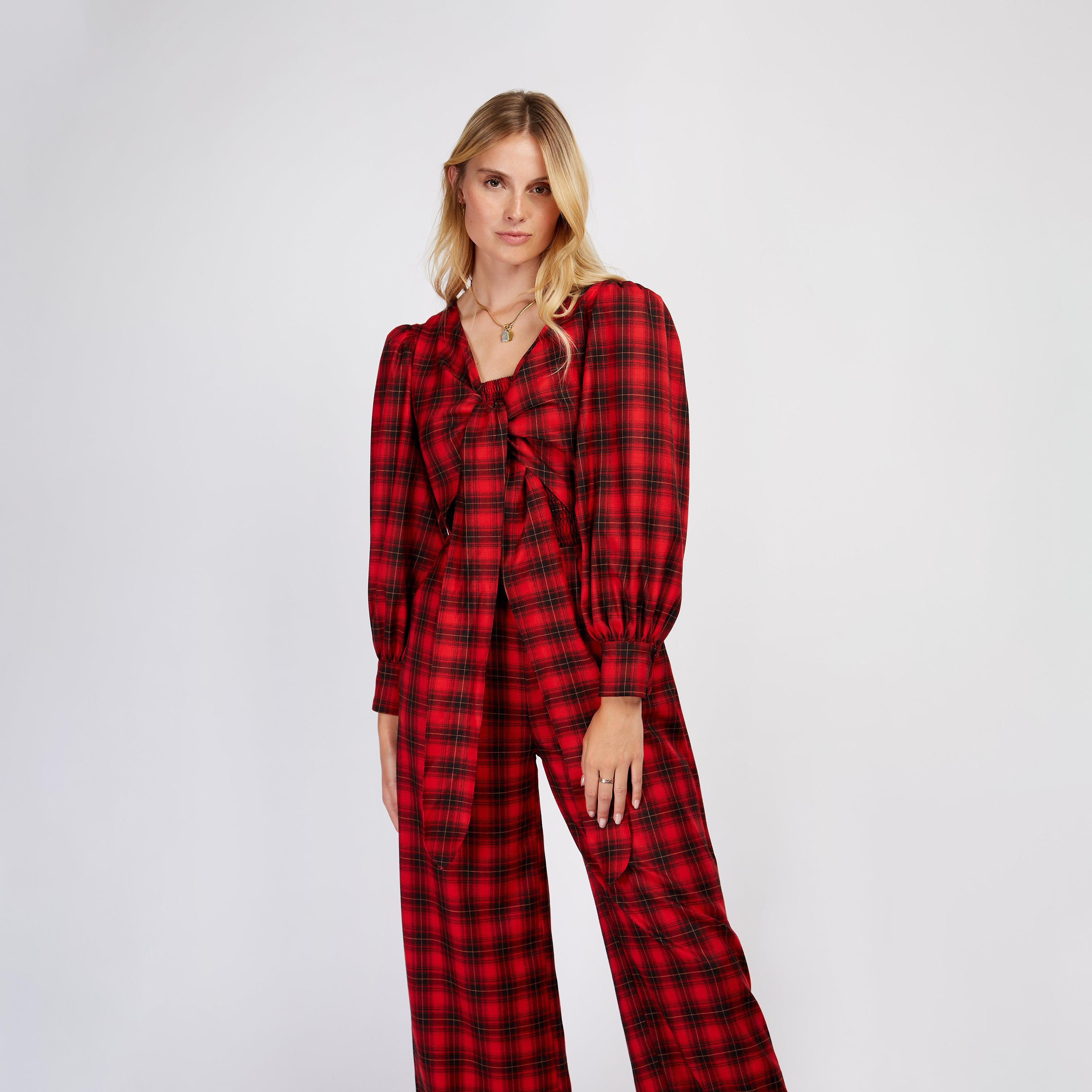 Little Mistress Checked Collared Jumpsuit with Puff Sleeves-women-clothing-jumpsuits-image-2