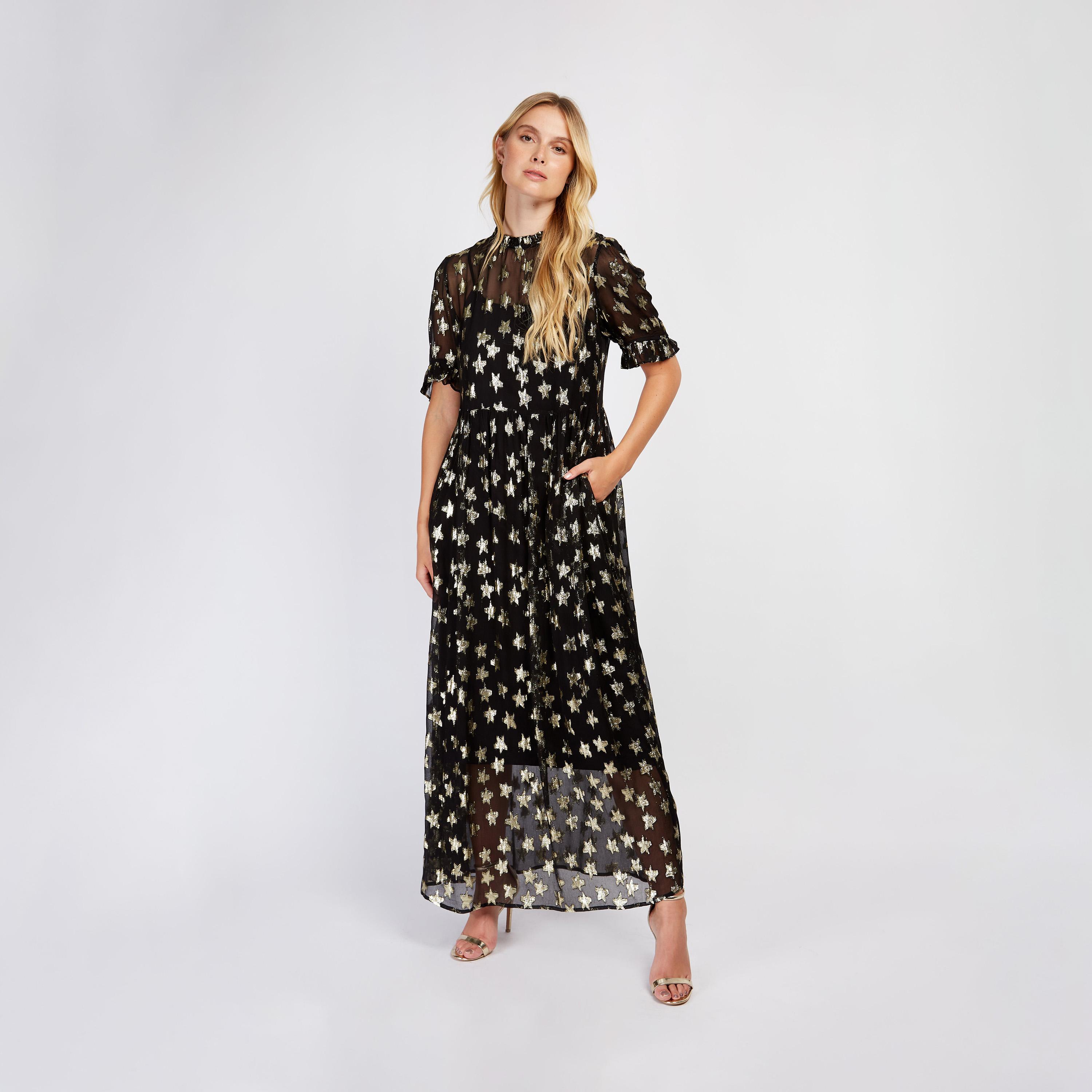 Little Mistress Printed High Neck A-line Maxi Dress with Short Sleeves-women-clothing-dresses-image-1