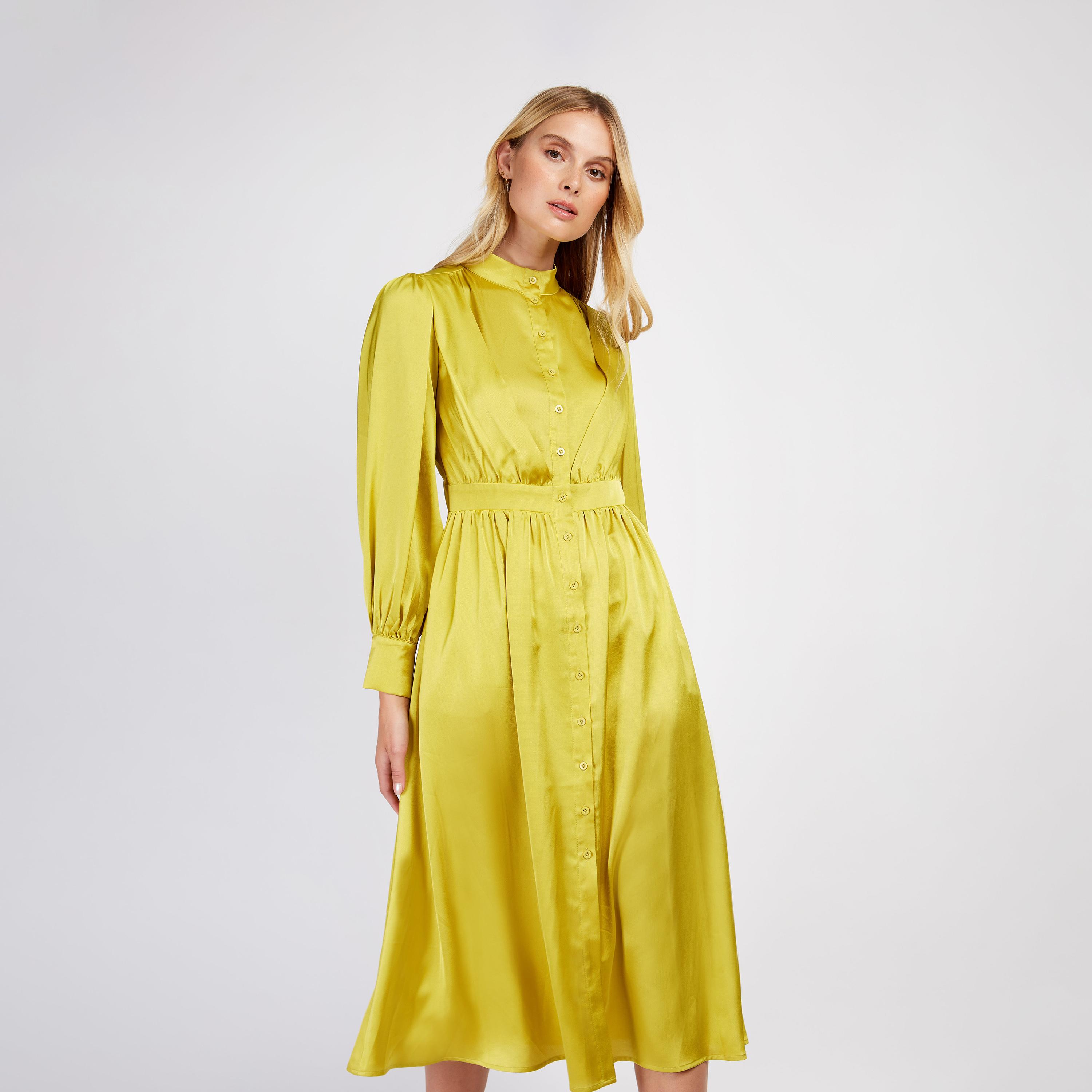 Little Mistress Satin Collared A-line Midi Dress with Long Sleeves-women-clothing-dresses-image-1