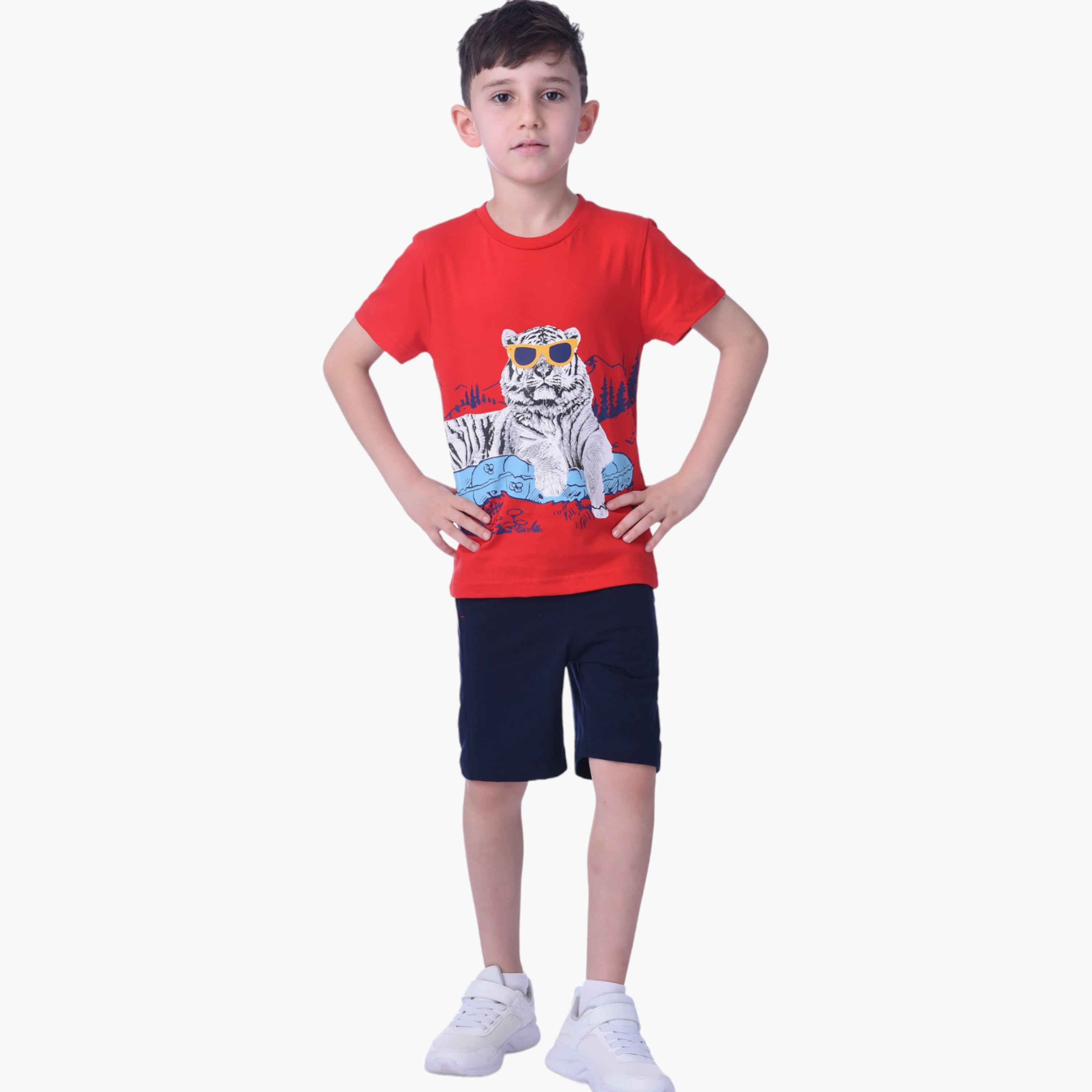 طقم تي شيرت بأكمام قصيرة وشورت بطبعة نمر من فيكتور اند جين-boys-clothing-setsandcoords-image-1