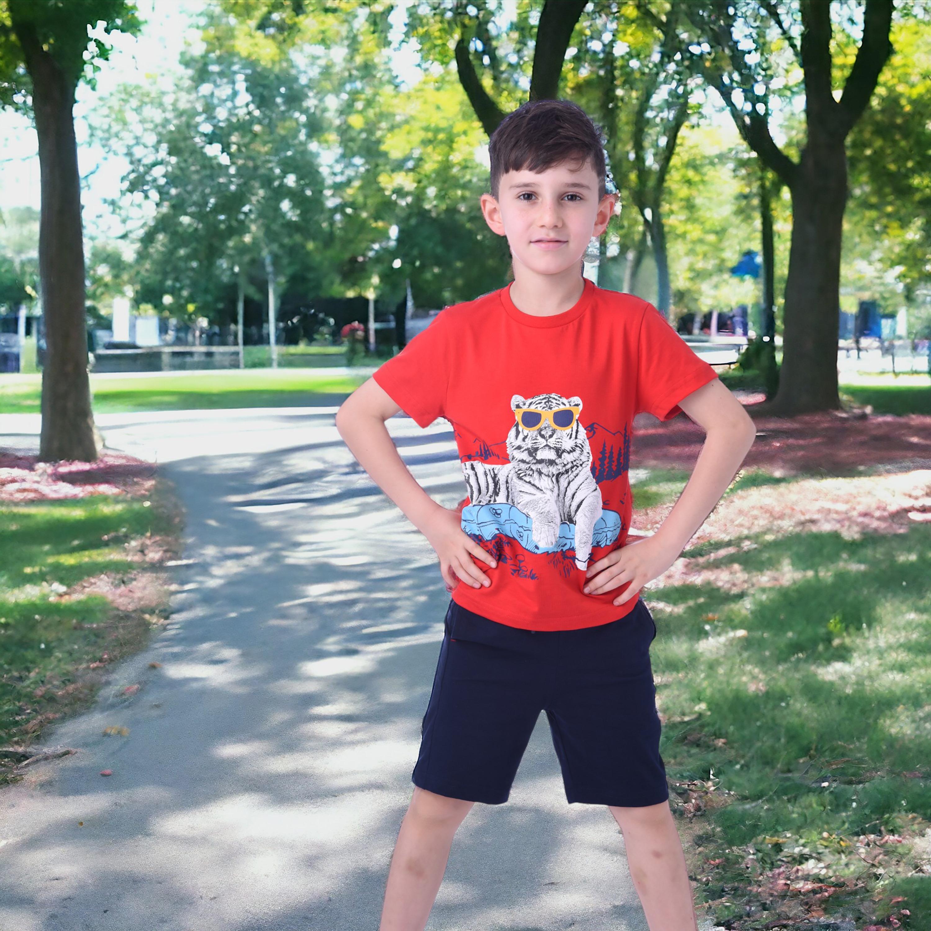 طقم تي شيرت بأكمام قصيرة وشورت بطبعة نمر من فيكتور اند جين-boys-clothing-setsandcoords-image-5
